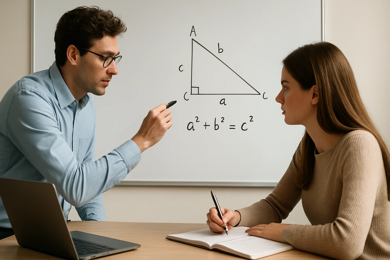 Egy férfi matematikai magyarázatot ad egy nőnek, a táblán derékszögű háromszög látható.