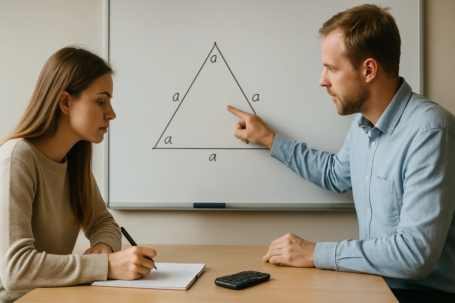 Egy férfi egy egyenlő oldalú háromszöget magyaráz egy nőnek, aki jegyzetel.