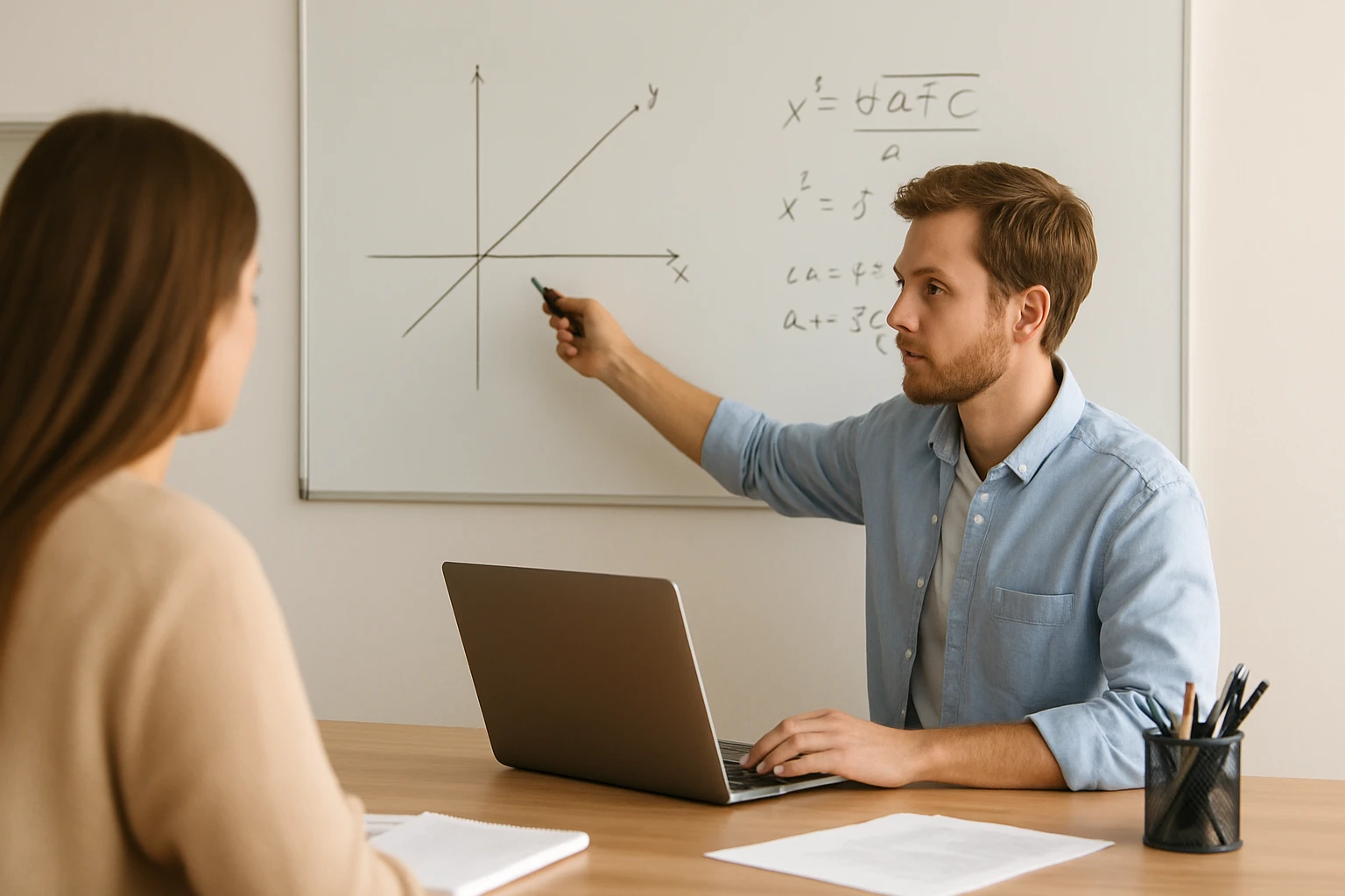 Egy férfi matematikai fogalmakat magyaráz egy nőnek, miközben grafikonokat mutat.