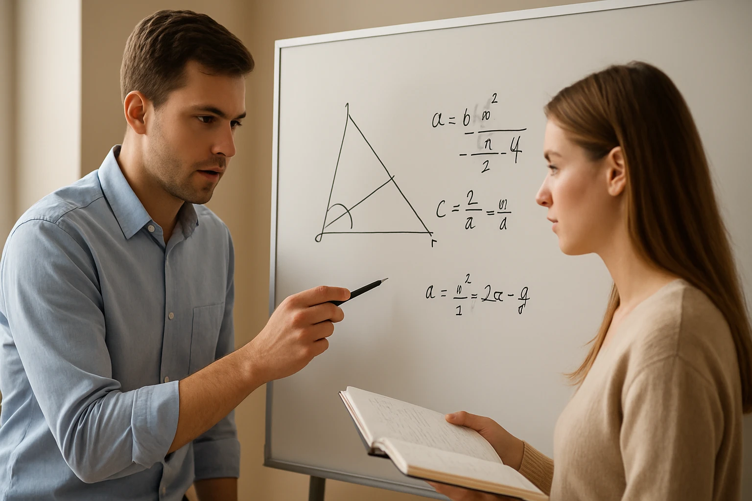 Egy férfi matematikai képleteket magyaráz egy nőnek egy táblán.