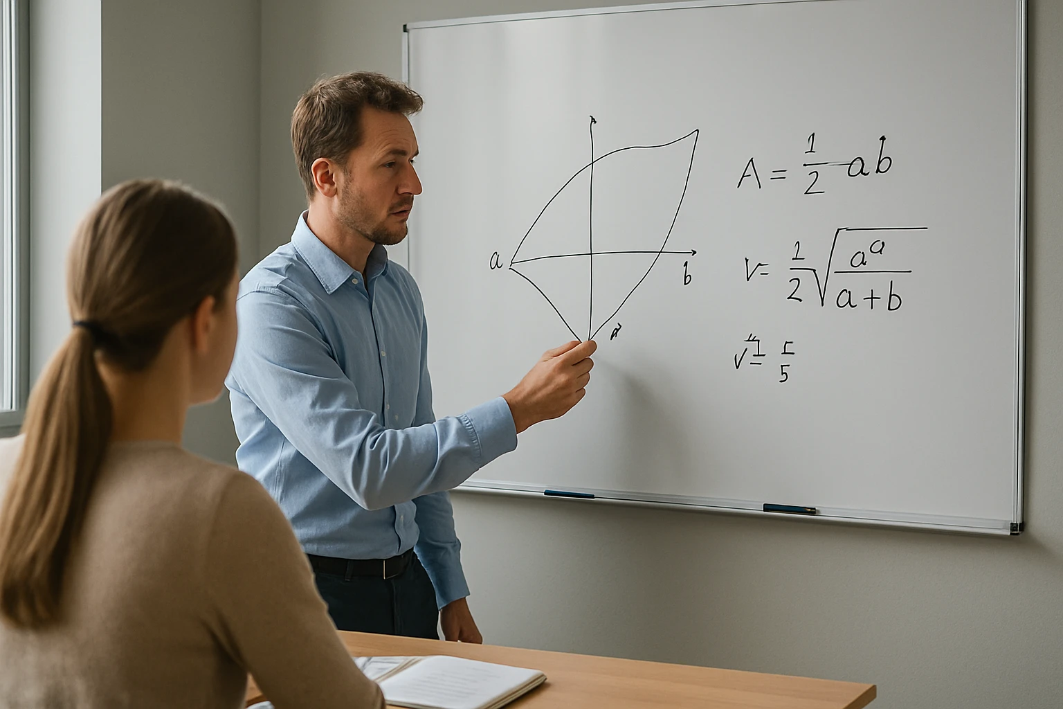Egy tanár matematikai képletet magyaráz egy diák előtt, táblán.
