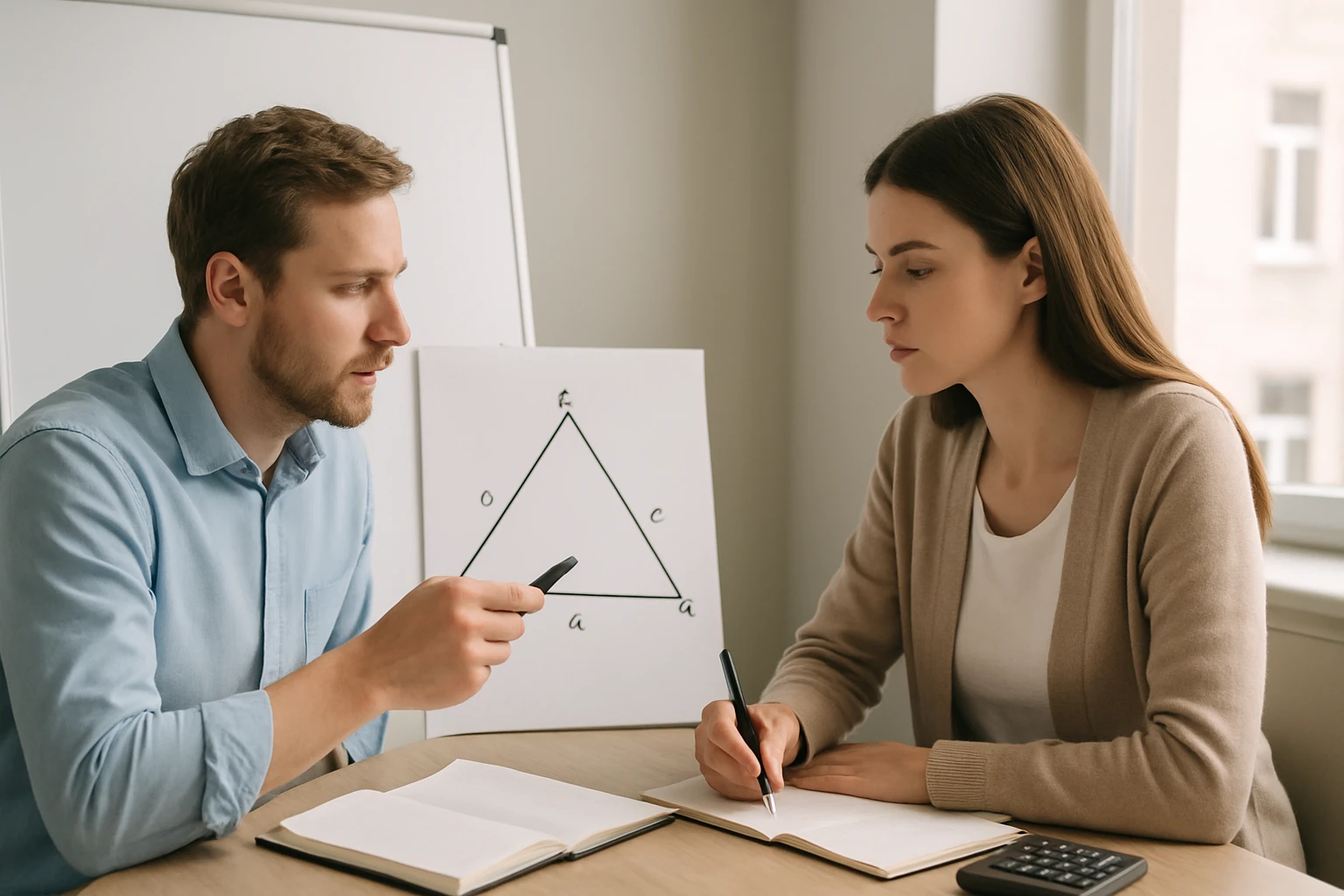 Két ember egy asztalnál ül, matematikai problémát beszélnek meg, háttérben egy háromszög ábrázolás.