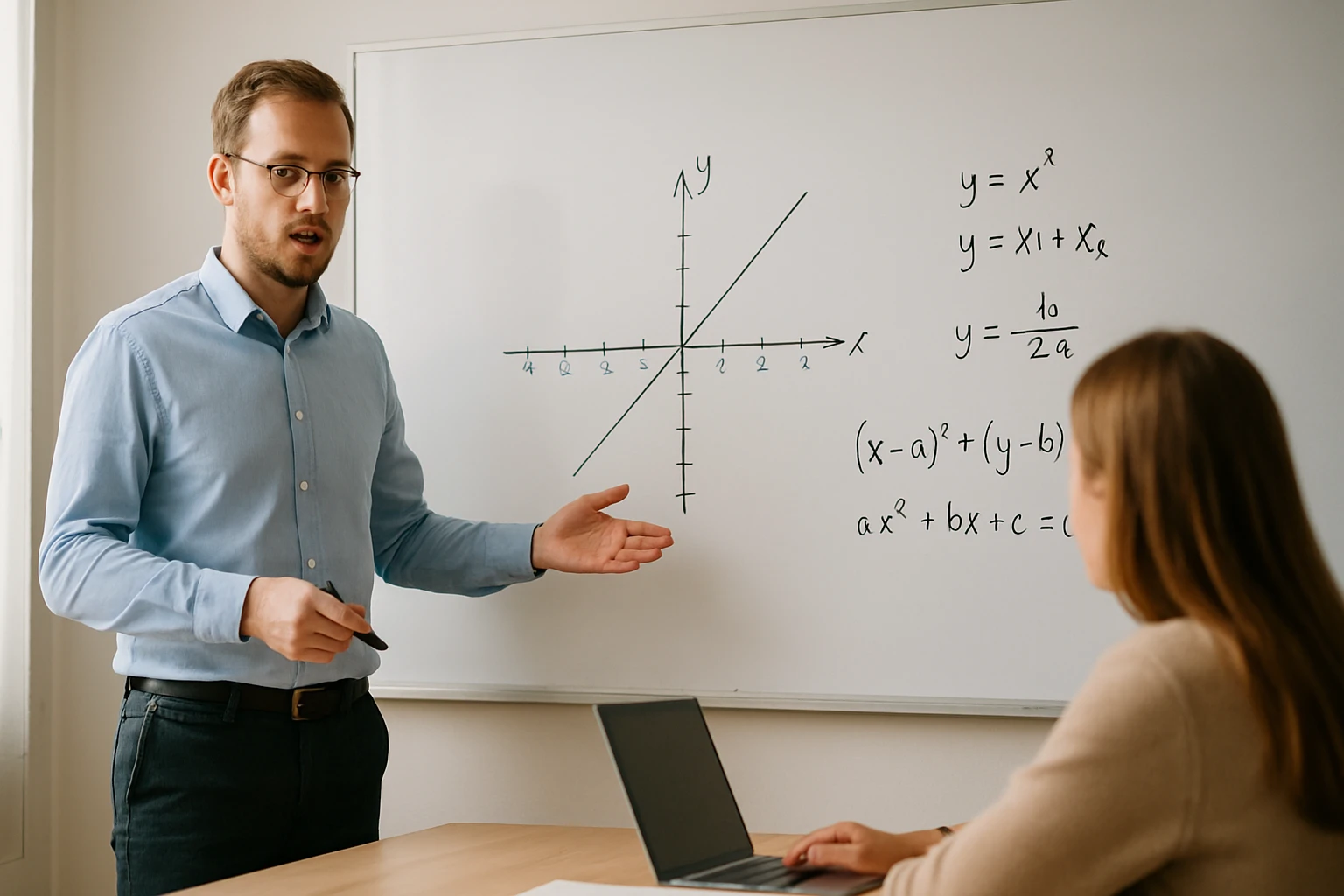 Egy tanár magyaráz egy matematikai grafikont és egyenleteket a diákjának.