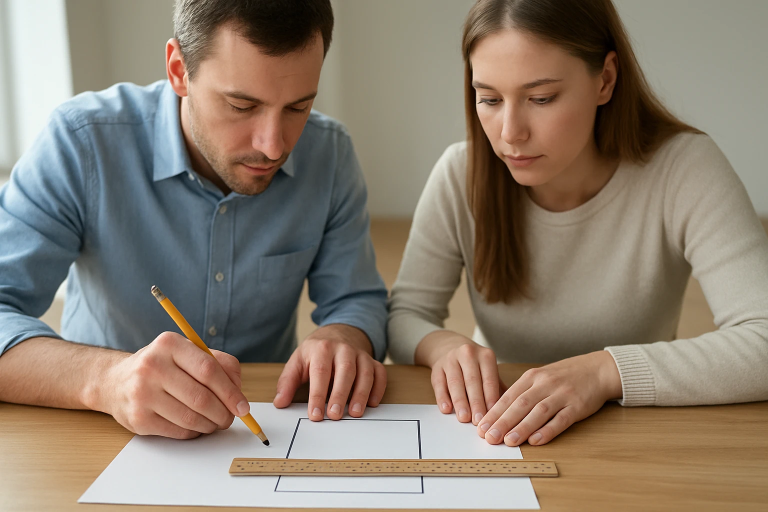 Két ember egy papíron egy téglalapot rajzol, vonalzót használnak.