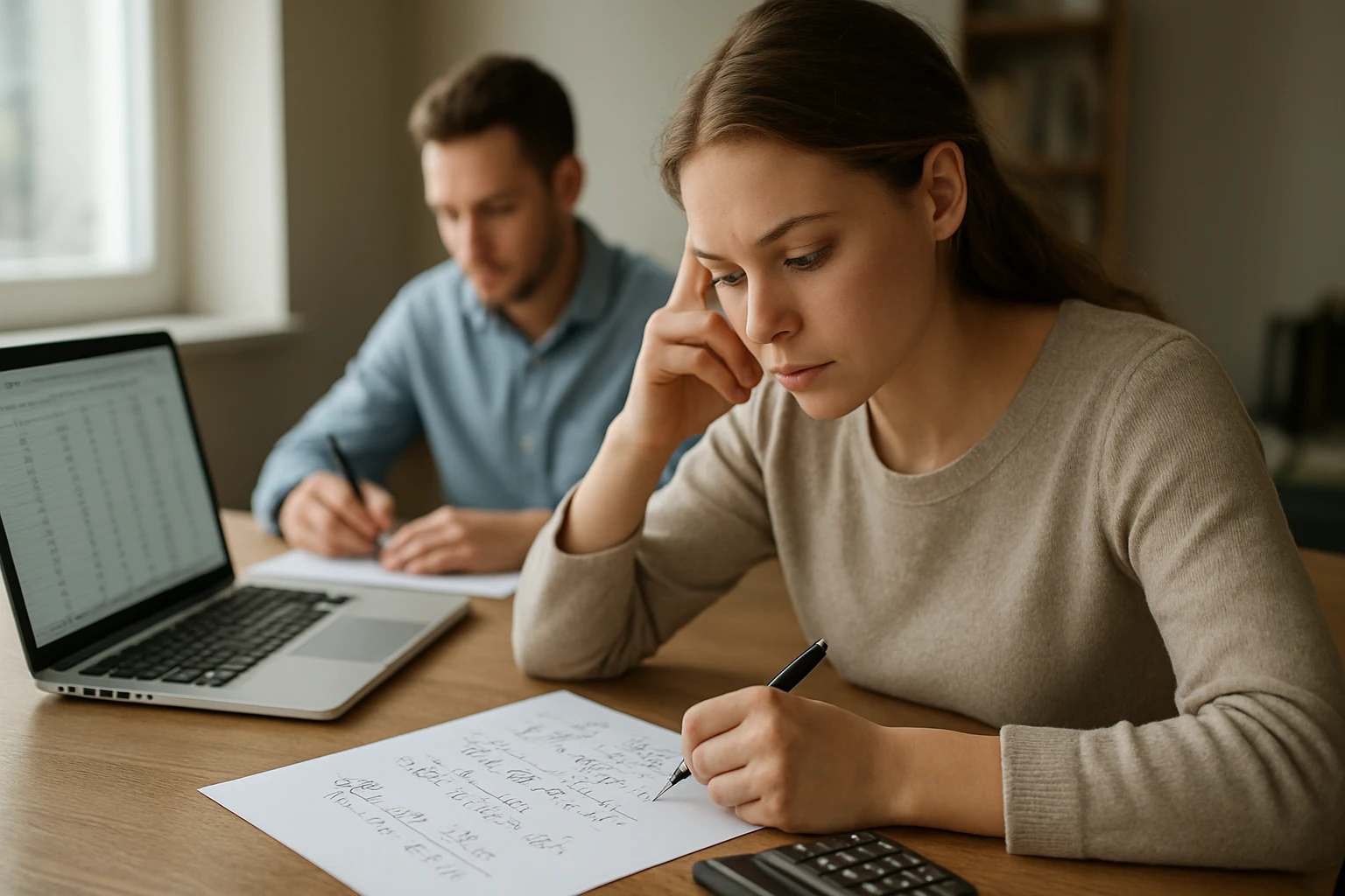 Két fiatal felnőtt tanulás közben, matematikai feladatokat írnak papírra.