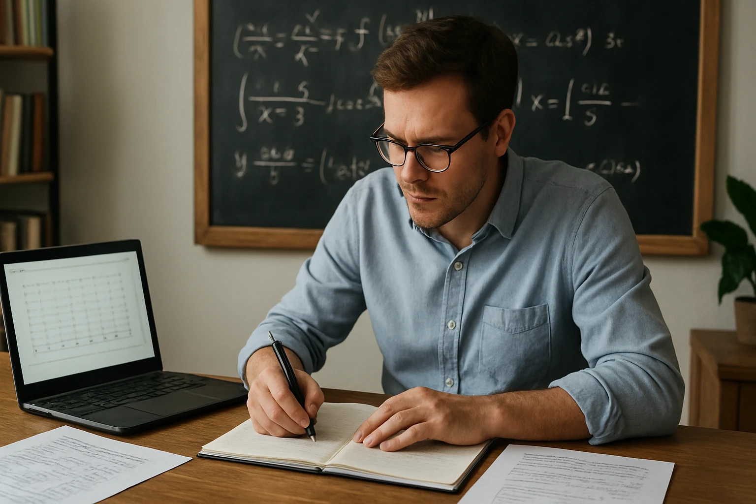 Egy fiatal férfi matematikai feladatokat ír egy jegyzetfüzetbe, laptop előtt ülve.