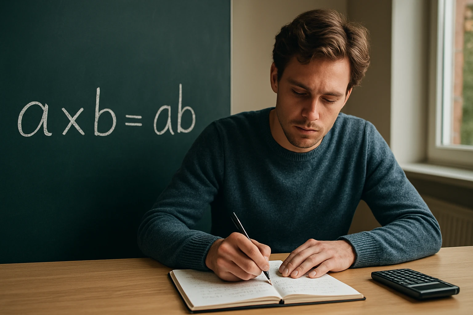 Egy fiatal férfi matematikai feladatokat ír egy jegyzetfüzetbe, háttérben egy táblán a szorzás szabálya látható.