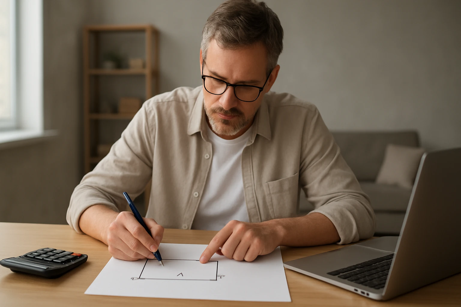 Egy férfi matematikai rajzot készít papíron, miközben számológépet használ.