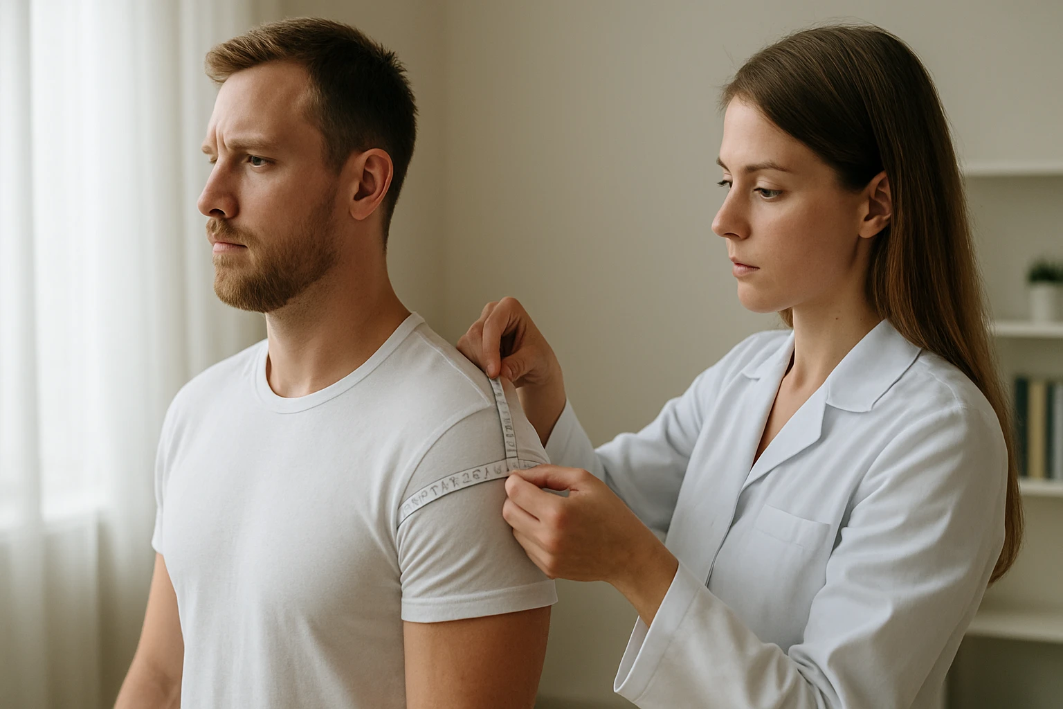 Egy nő mérőszalaggal méri egy férfi vállát egy világos szobában.