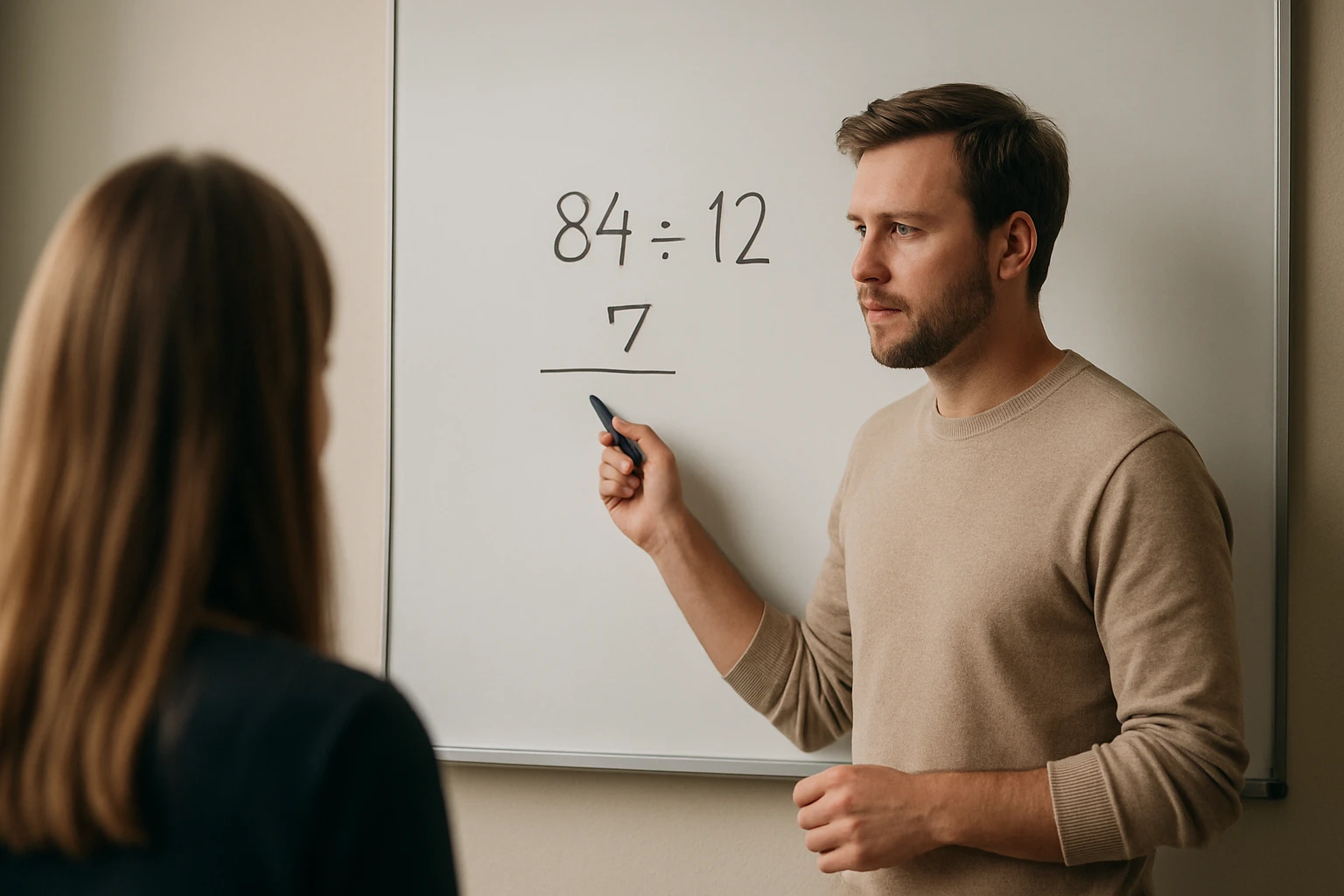 Egy férfi a táblán osztási feladatot magyaráz, miközben egy nő figyel.