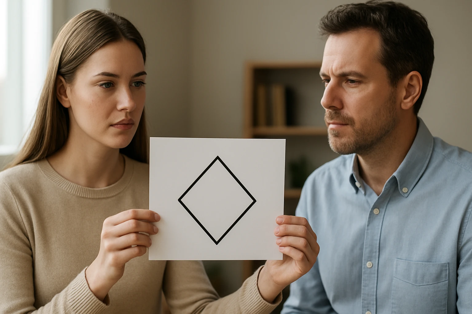 Egy nő egy rombusz alakú rajzot tart a kezében, míg egy férfi figyeli.