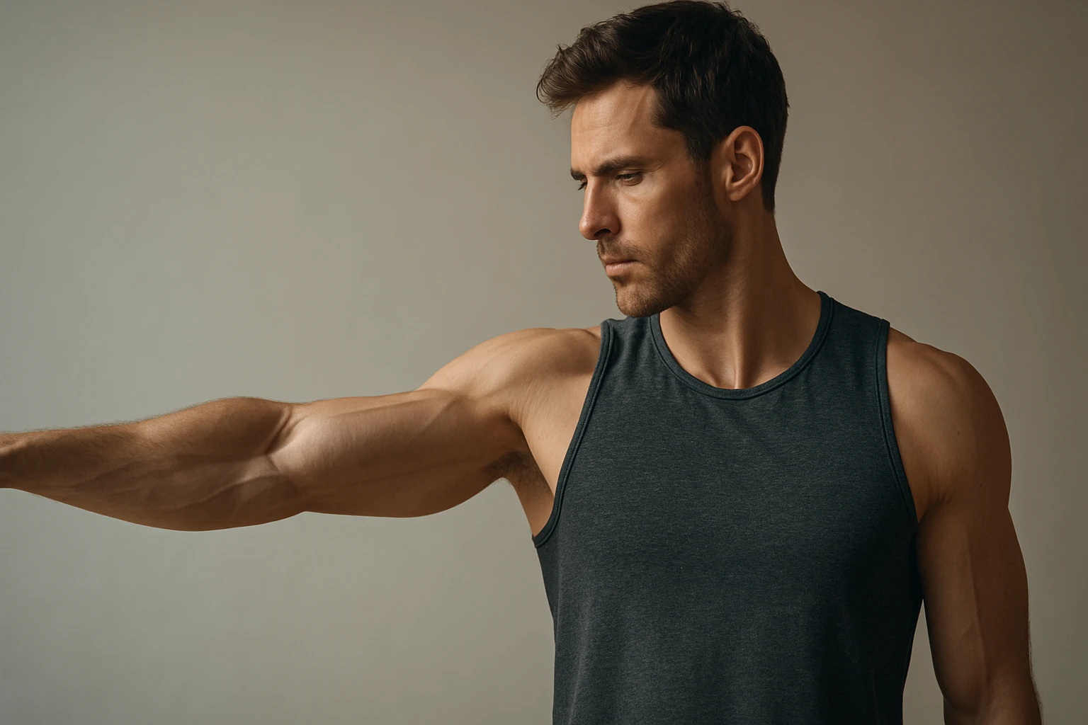 Egy férfi, aki sportos felsőben áll, karját kinyújtva mutatja.