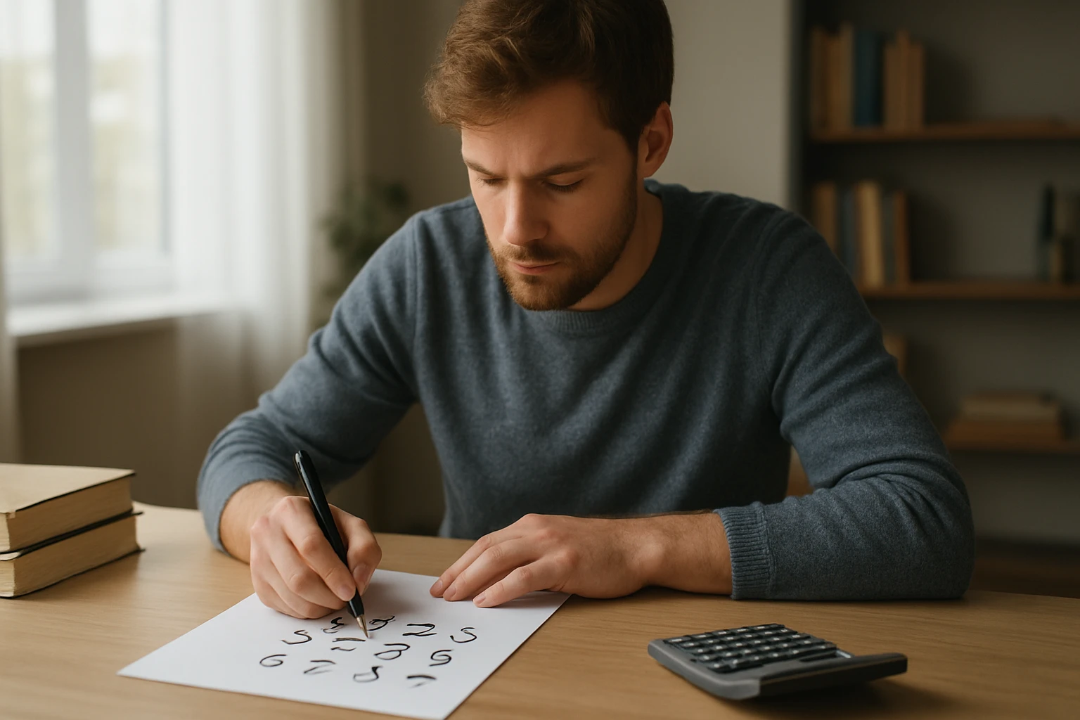 Egy férfi számokat ír egy papírra, miközben egy számológép van előtte.