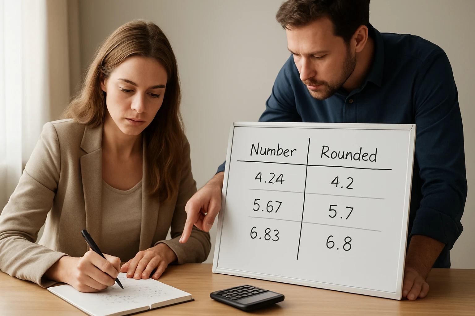Két ember egy táblázatot néz, amely a számok kerekítését mutatja.
