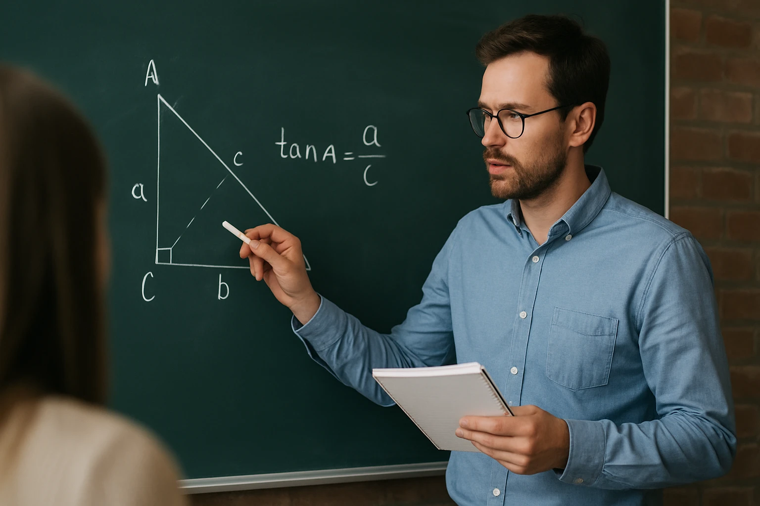 Egy tanár a táblán a tangens függvény definícióját magyarázza.