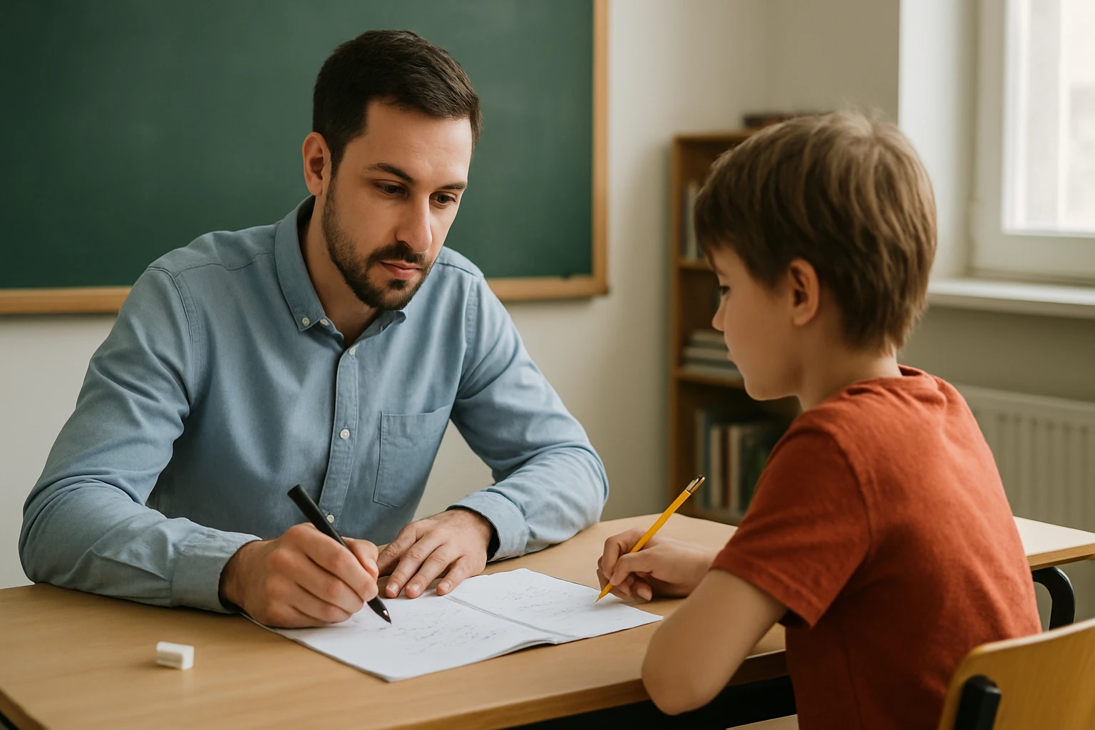 Egy tanár és egy diák közösen dolgozik egy matematikai feladaton.