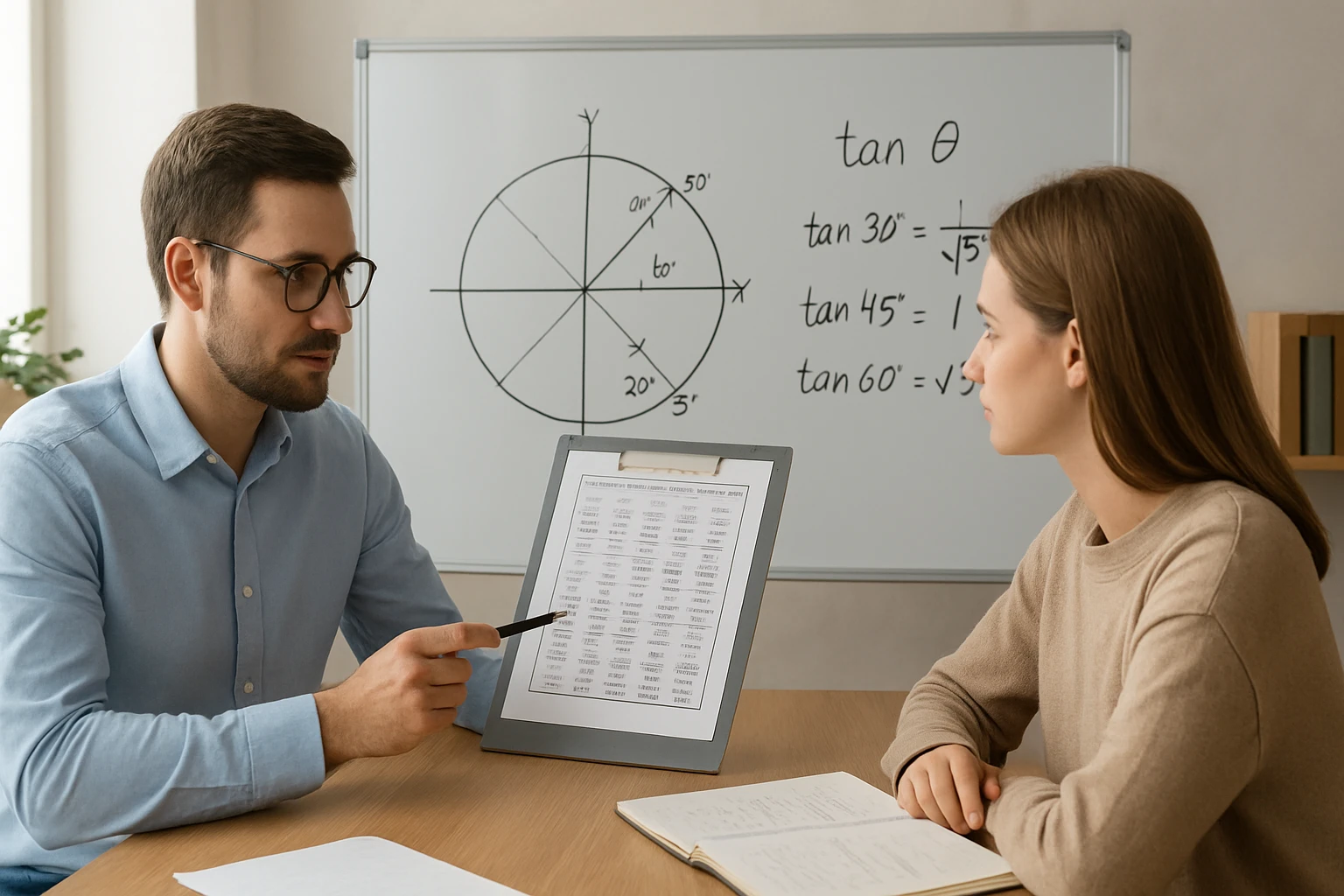 Egy férfi és egy nő matematikai órán tanulmányoznak trigonometrikus függvényeket.