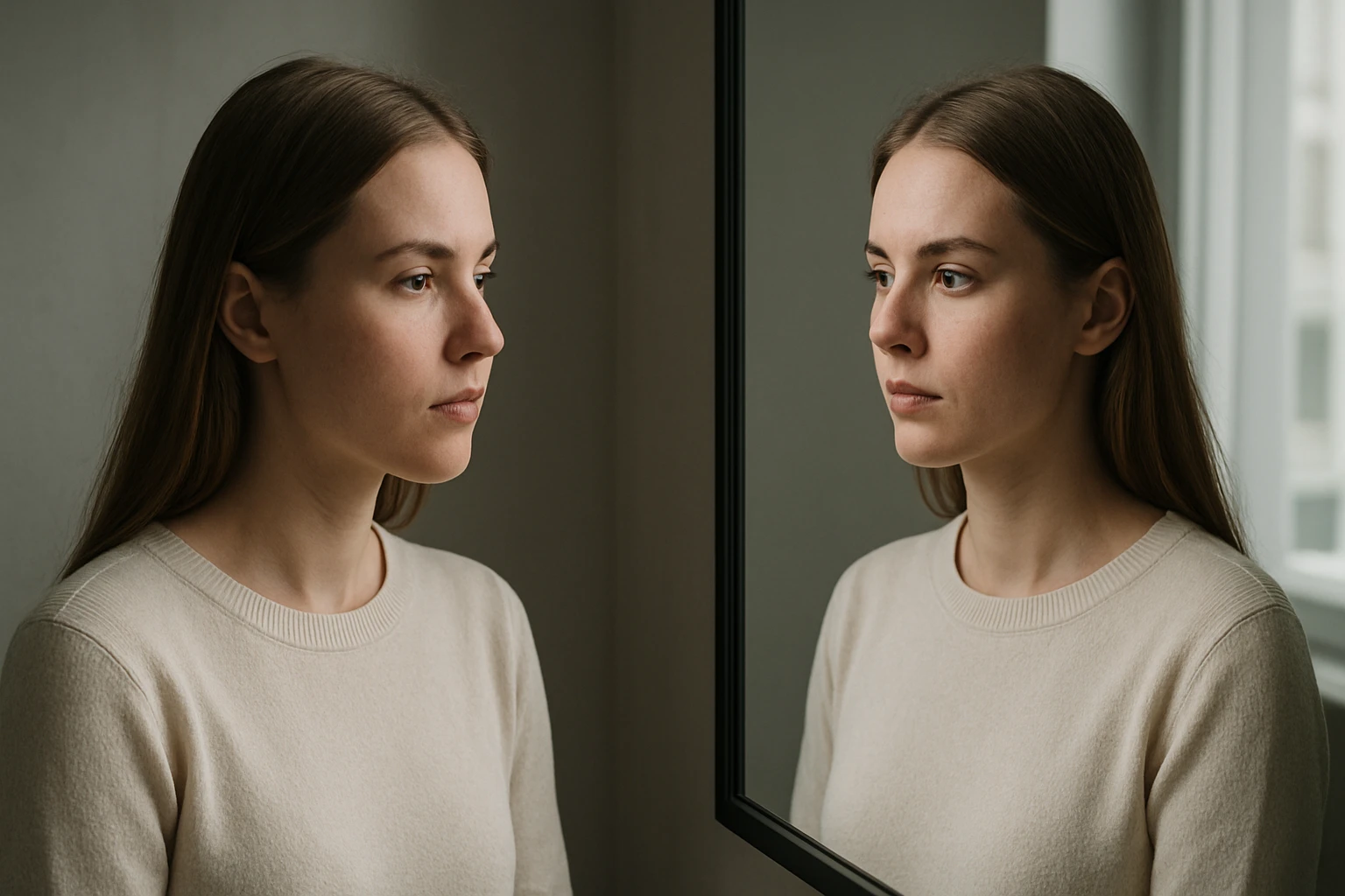 Egy fiatal nő néz a tükörbe, arca komoly és elgondolkodó.