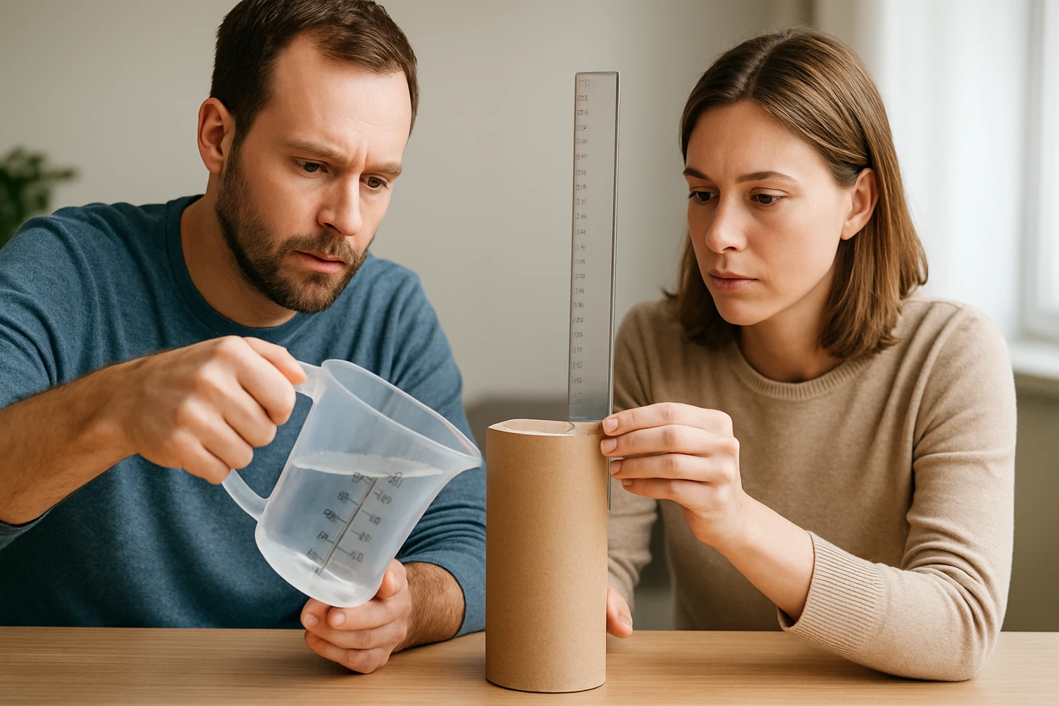 Két ember vízmérést végez egy henger alakú edényben, vonalzóval.