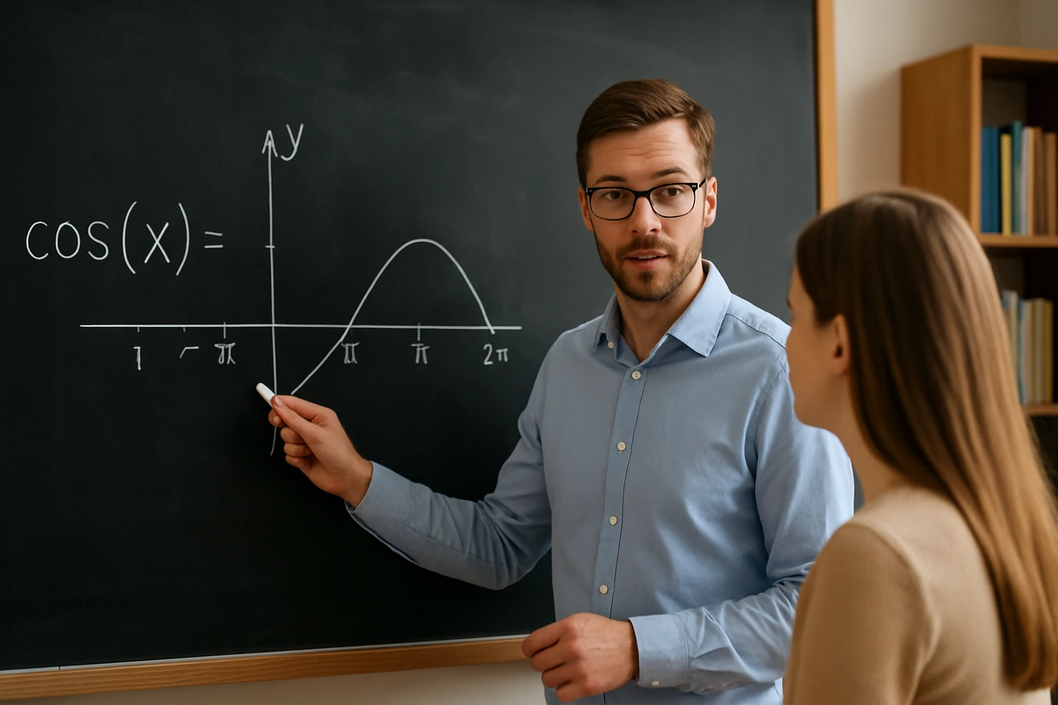 Egy tanár a táblán a cos(x) függvény grafikonját magyarázza.