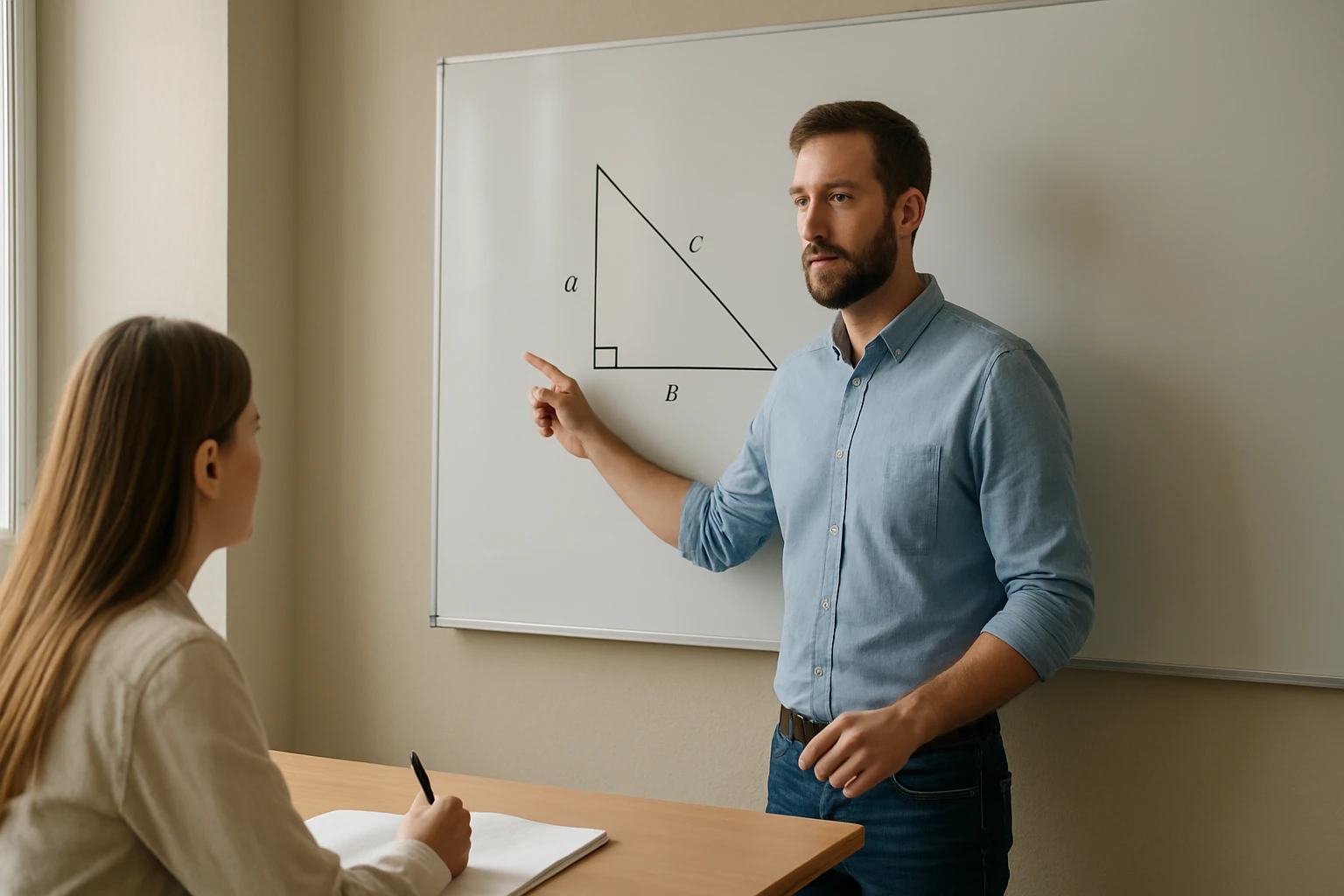 Egy tanár egy derékszögű háromszöget magyaráz a táblán, diák figyel.