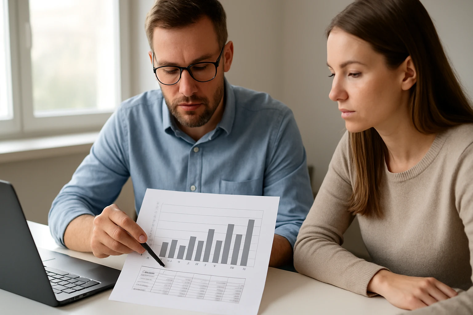 Két ember egy grafikonos jelentést néz, a férfi mutat a papíron.