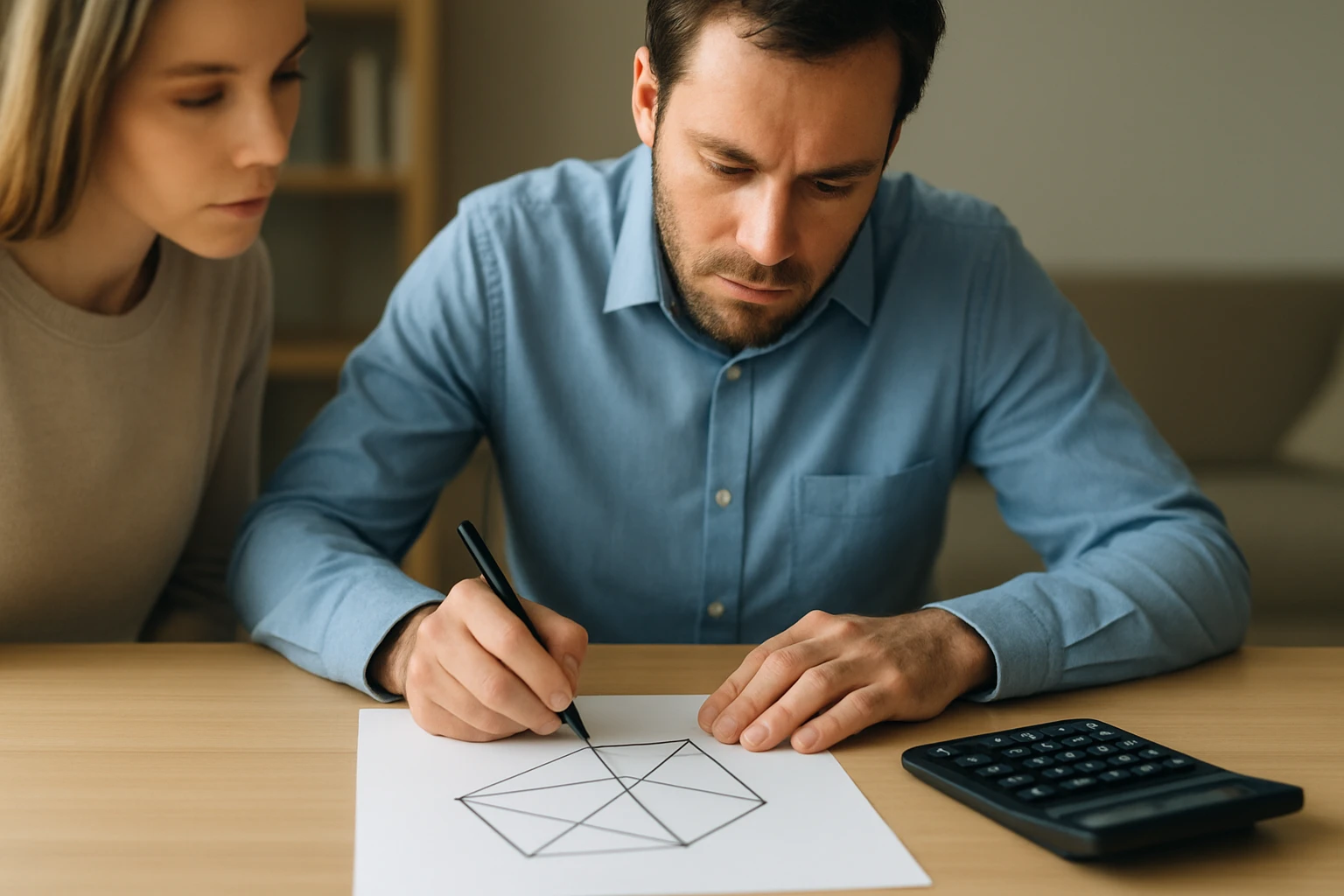 Egy férfi geometriai ábrát rajzol papírra, miközben egy nő figyeli.