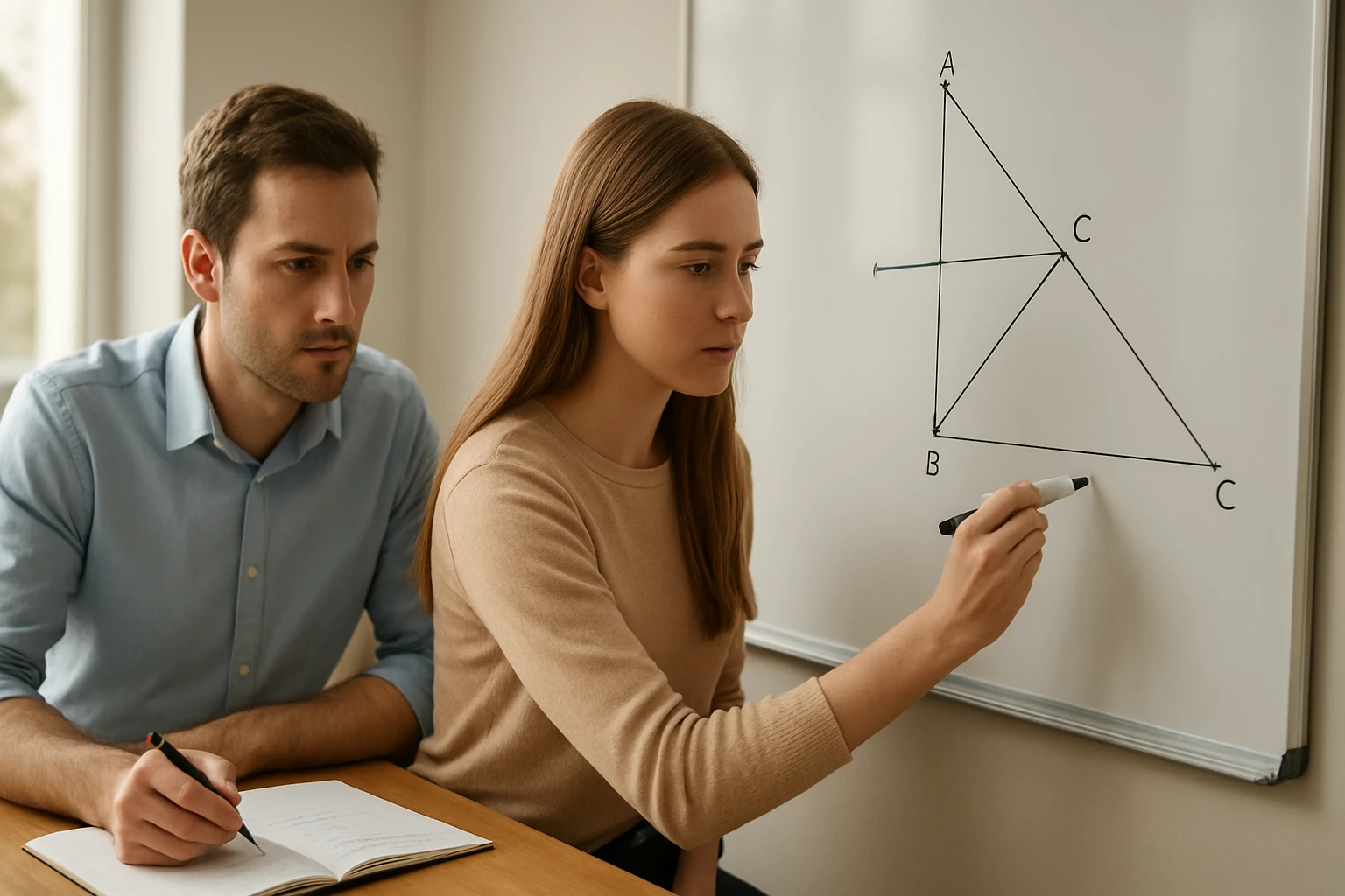 Egy nő geometriai ábrát rajzol a táblára, miközben egy férfi figyeli.