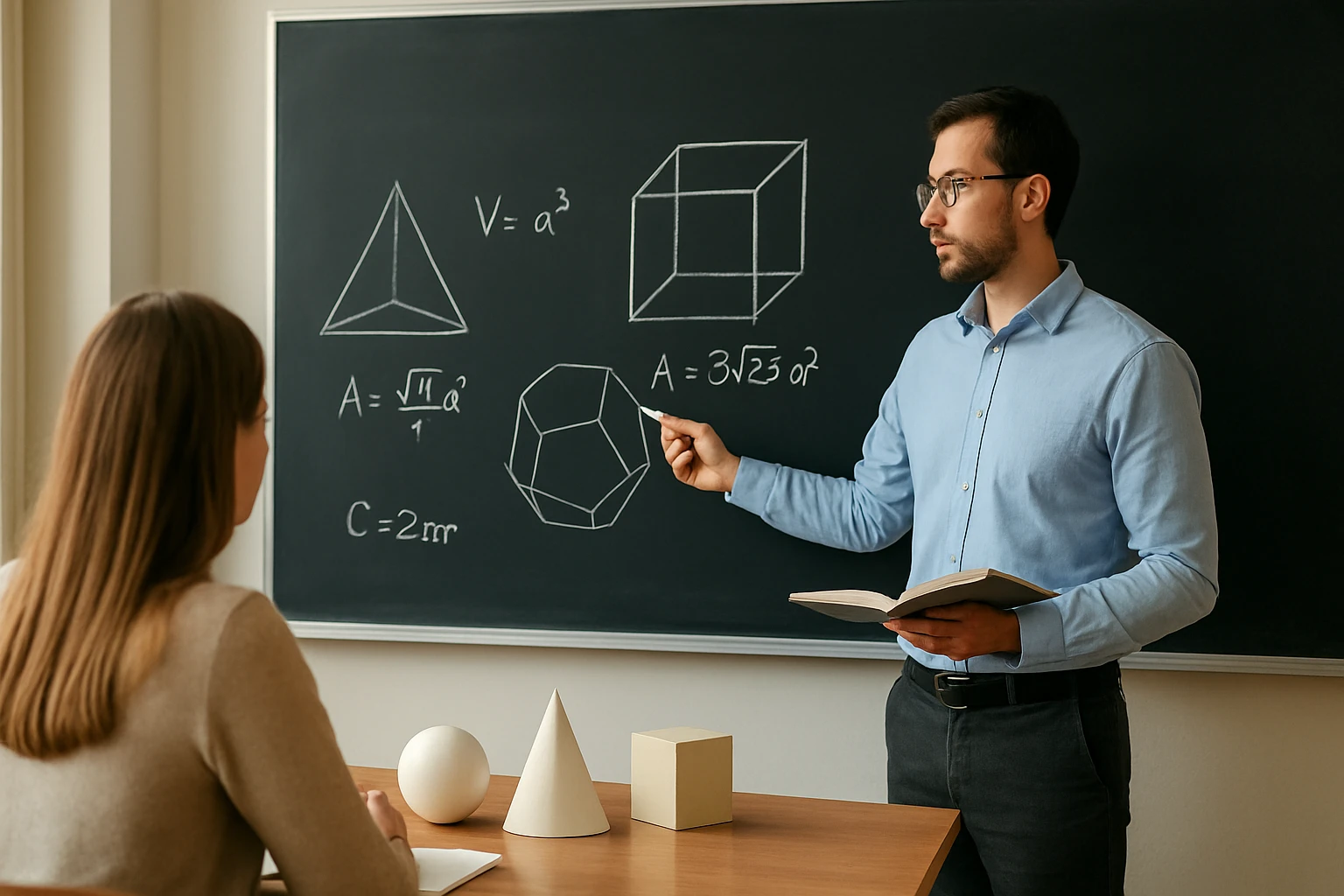 Egy tanár geometriai alakzatokat magyaráz a táblán, diák figyel.