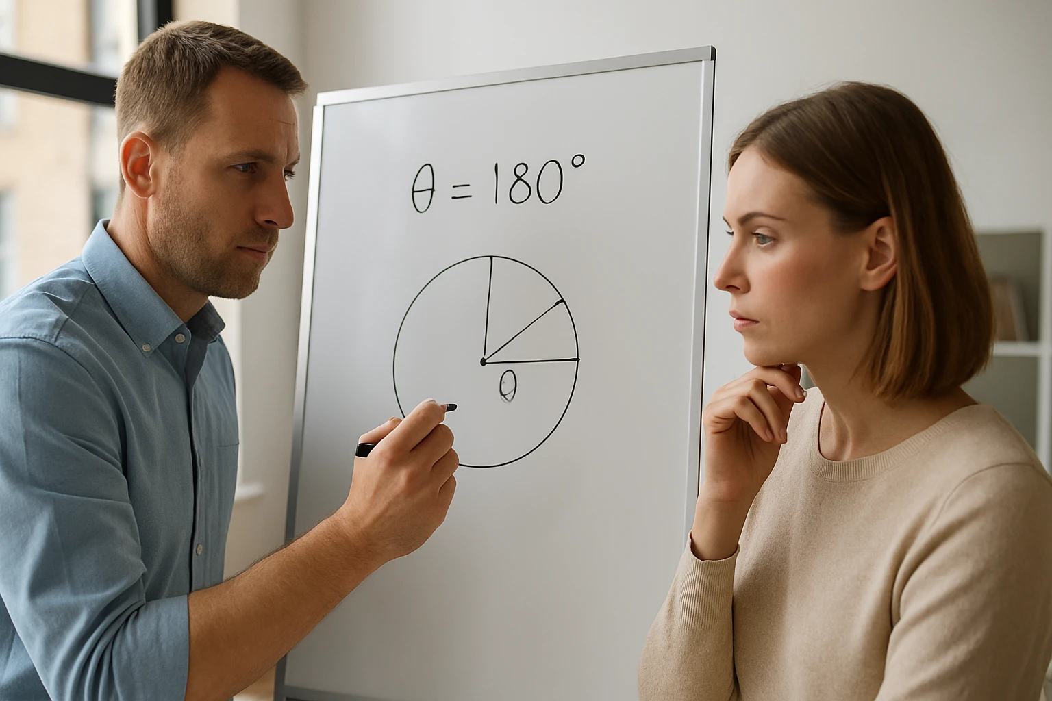 Egy férfi geometriai ábrát rajzol a táblára, miközben egy nő figyelmesen nézi.