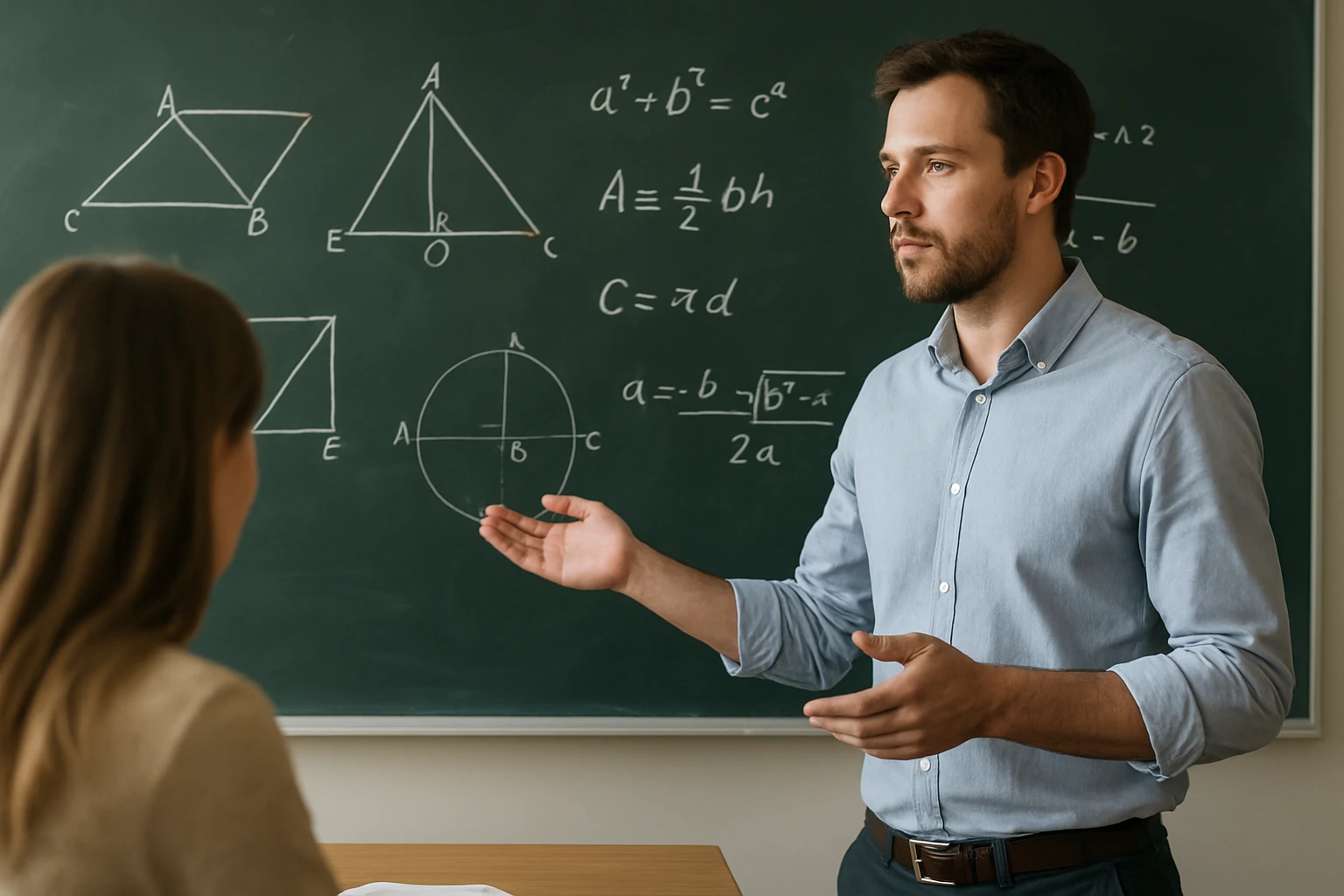 Egy tanár geometriai ábrákat magyaráz a táblán, diák figyel.