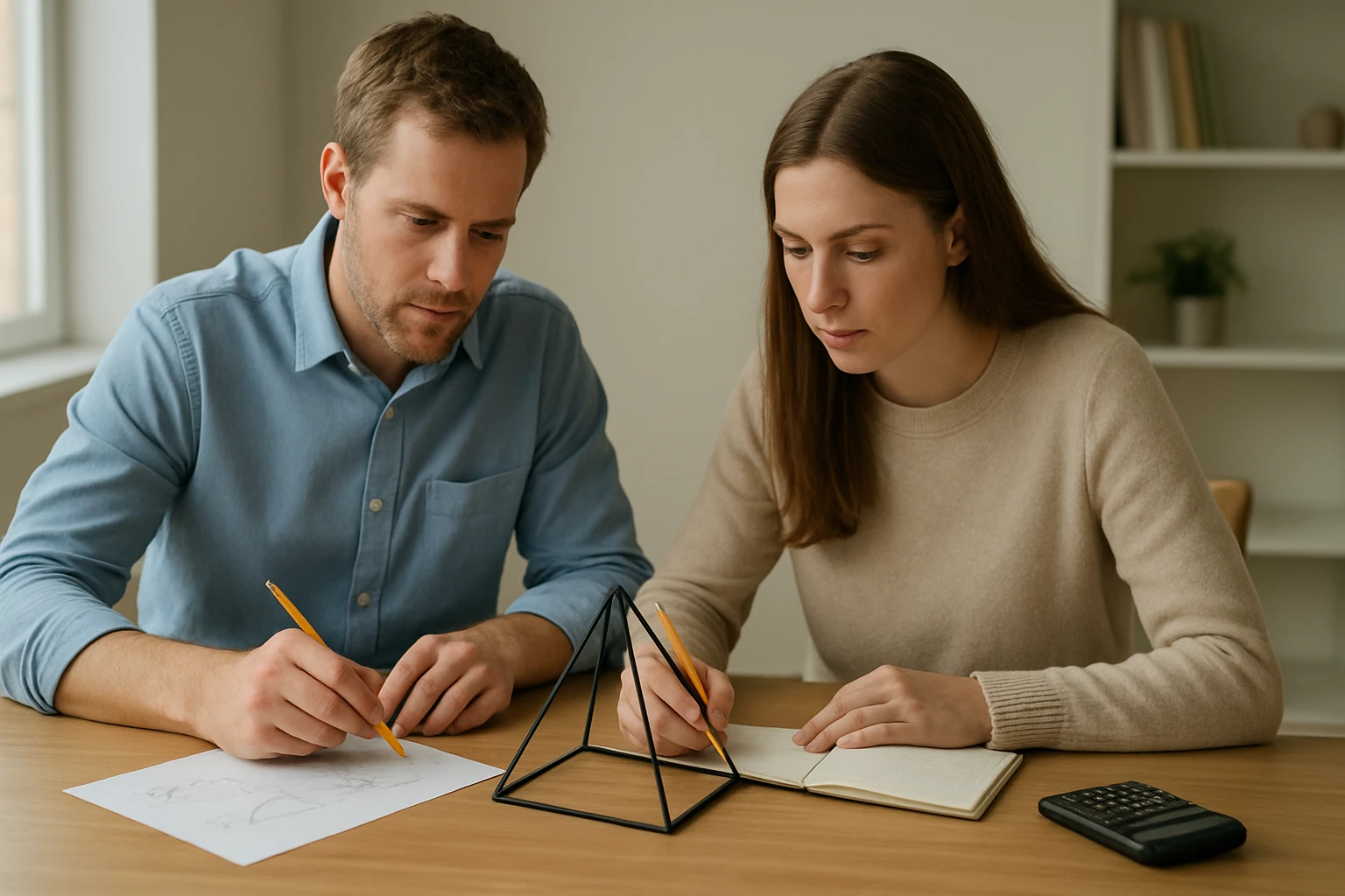 Két ember, akik geometriai formákat tanulmányoznak egy asztalnál.