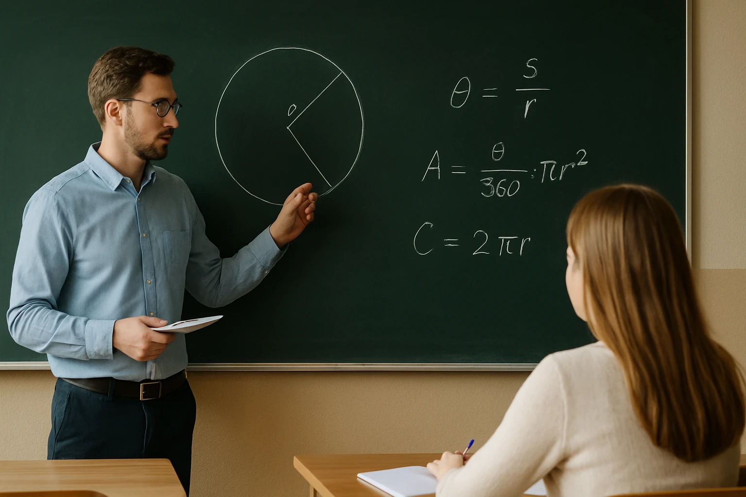 Egy tanár geometriai képleteket magyaráz egy diák előtt a táblán.