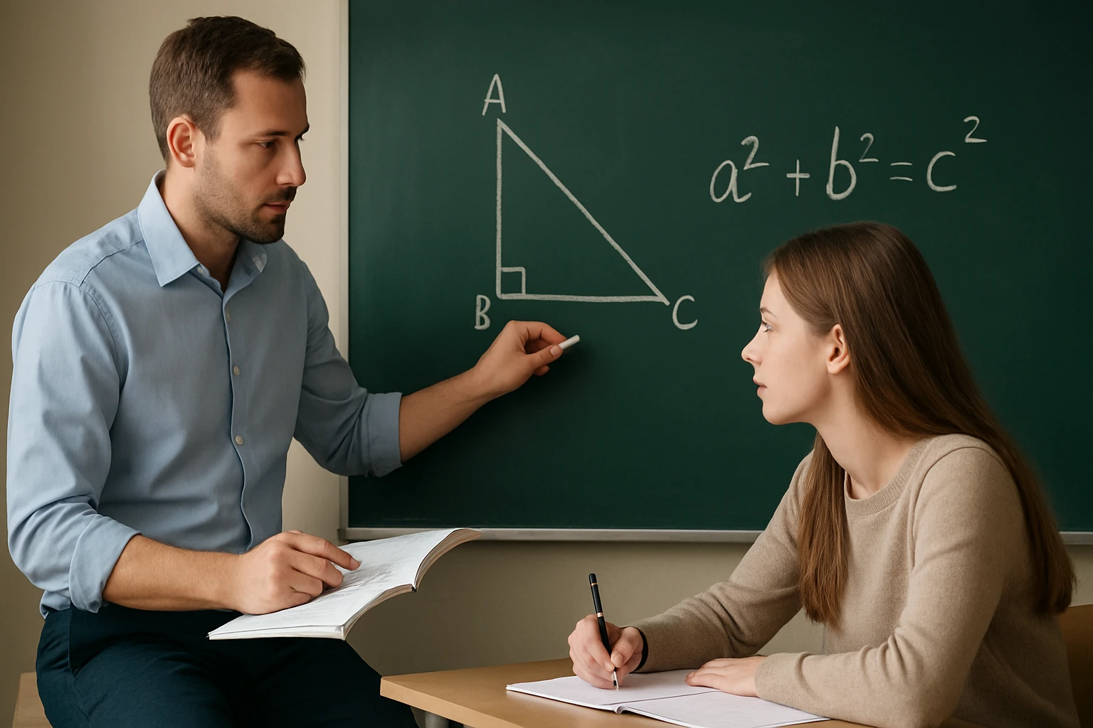 Egy tanár geometriai feladatot magyaráz egy diáknak az osztályteremben.