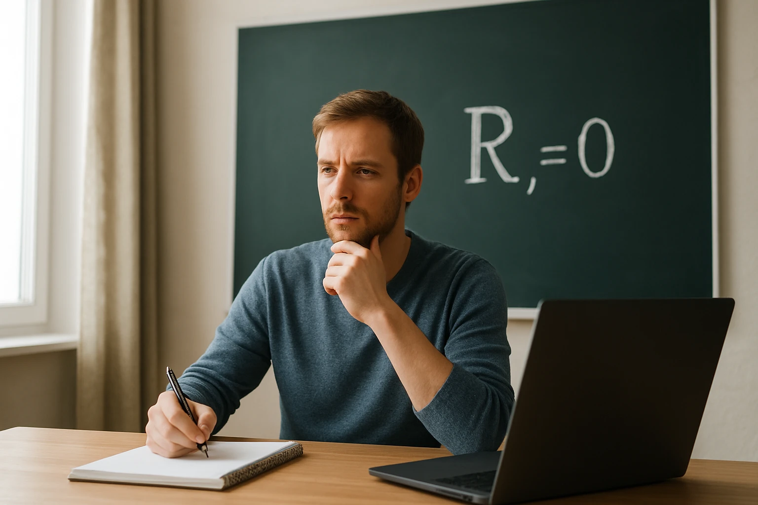 Egy férfi gondolkodik, miközben jegyzetel egy üres lapra, háttérben táblán R,=0 felirattal.