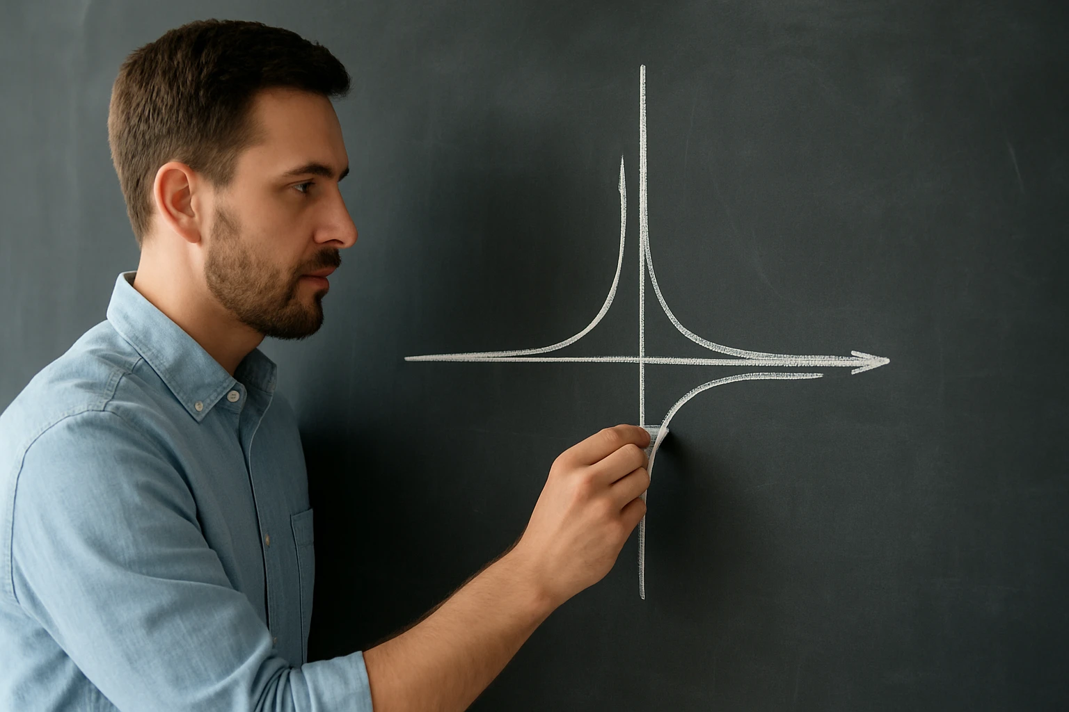 Egy férfi krétával grafikonokat rajzol egy fekete táblára.