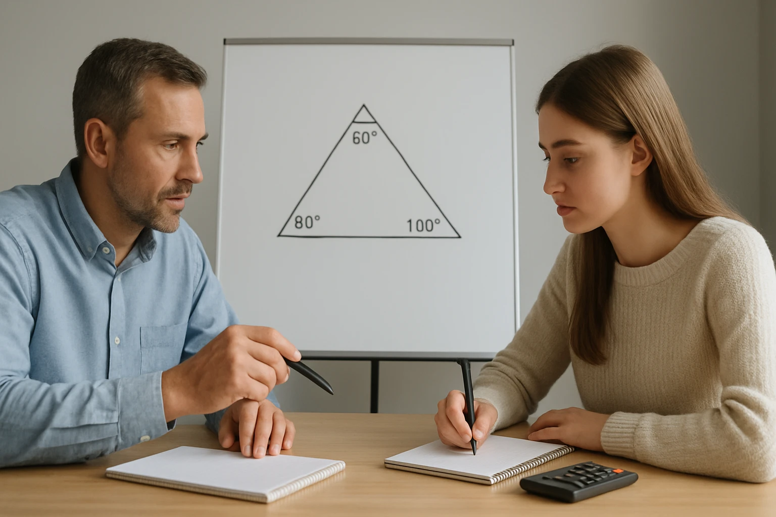 Két ember, akik egy háromszög szögeit tanulmányozzák egy táblán.
