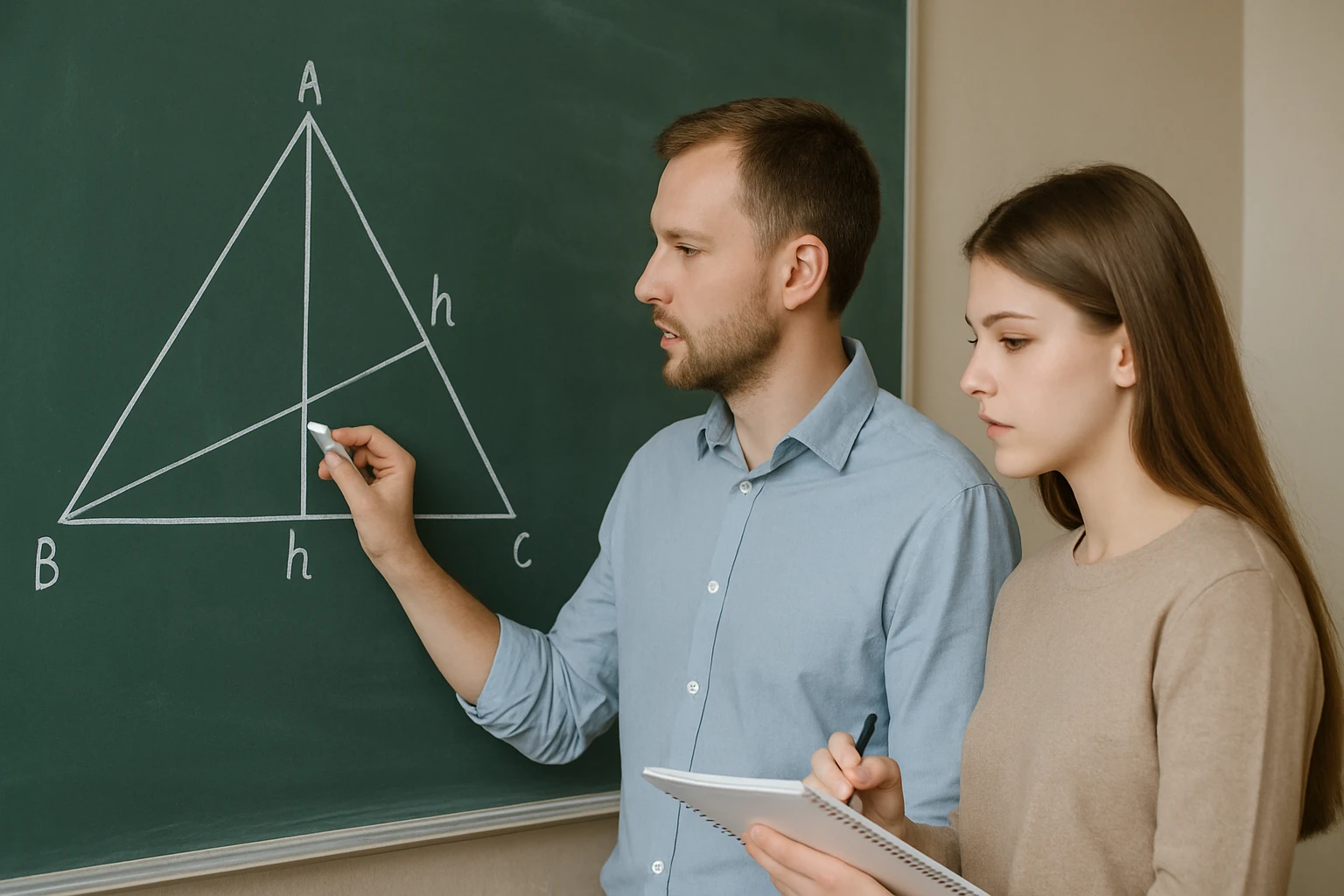Egy tanár és egy diák egy zöld táblán lévő háromszöget tanulmányoznak.