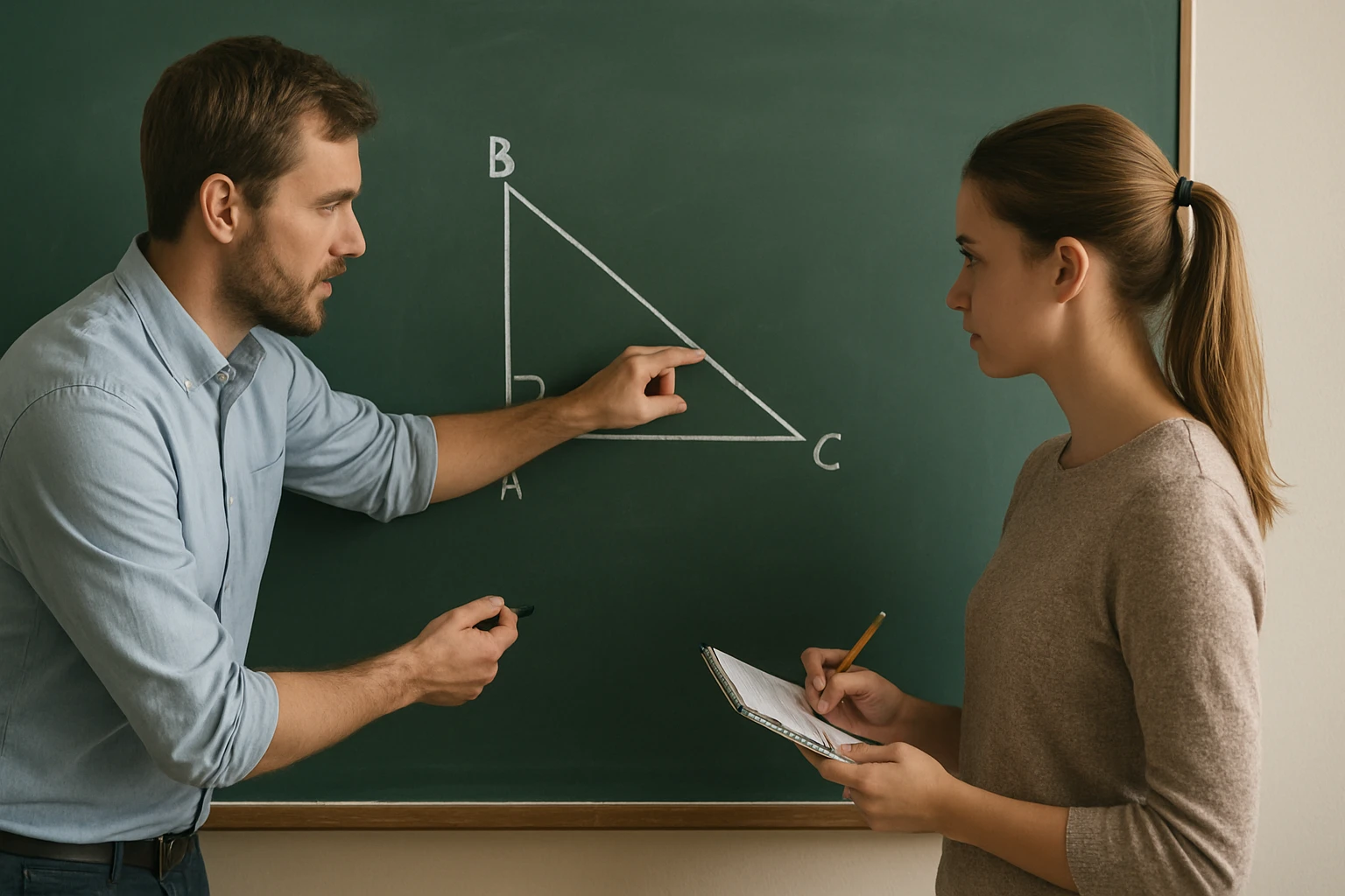 Egy tanár a táblánál egy háromszöget magyaráz, míg a diák jegyzetel.