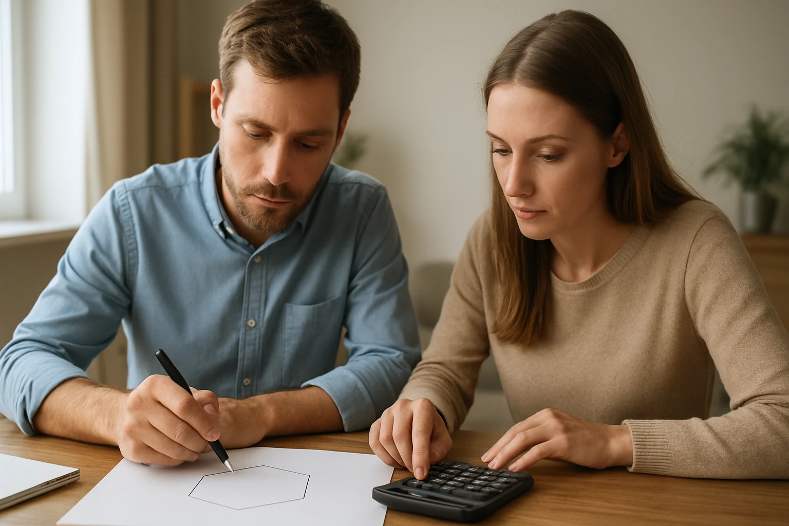 Két fiatal felnőtt egy hexagon rajzolásán dolgozik, számológépet használva.
