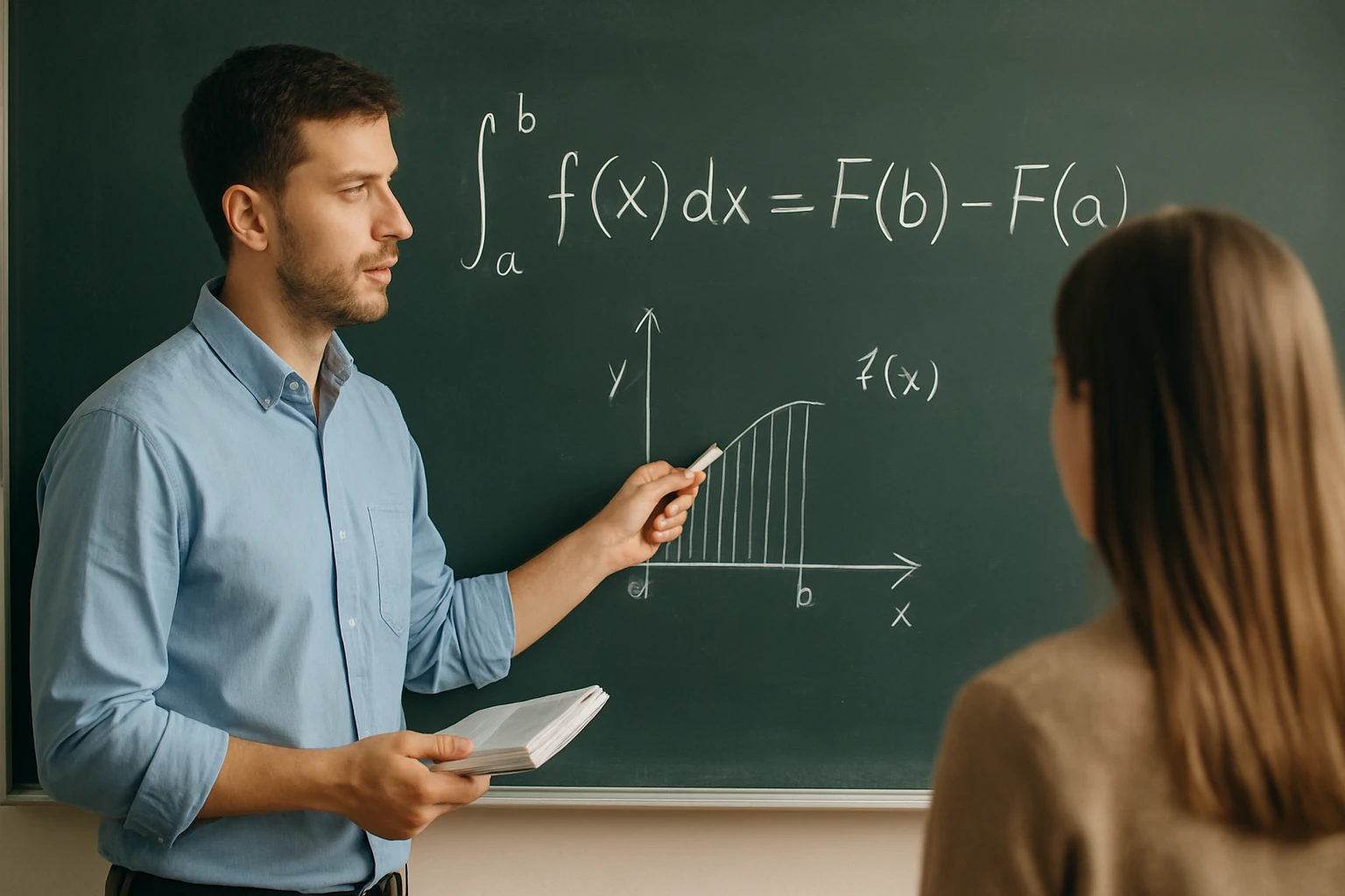 Egy tanár a táblán integrálási képletet magyaráz egy diáknak.