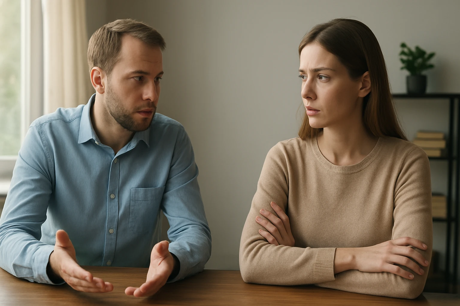 Egy férfi és egy nő ül egy asztalnál, a férfi beszél, a nő figyelmesen hallgat.