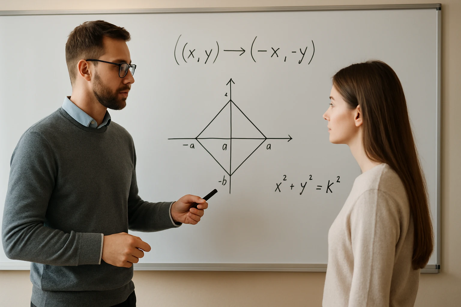 Egy tanár és diák beszélget a koordináta-rendszerről és matematikai egyenletekről.