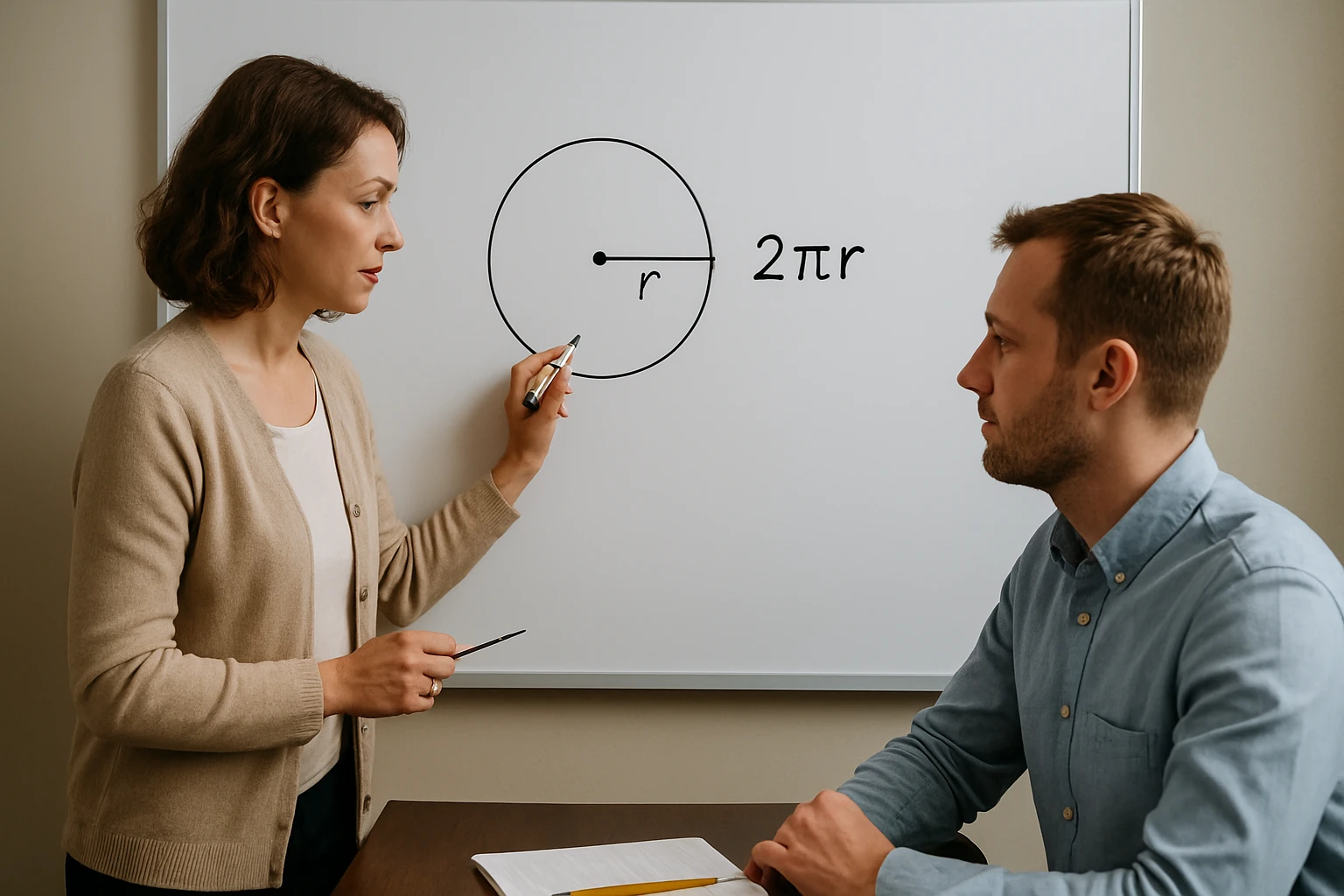 Egy nő a táblán kör kerületét magyarázza, miközben egy férfi figyel.