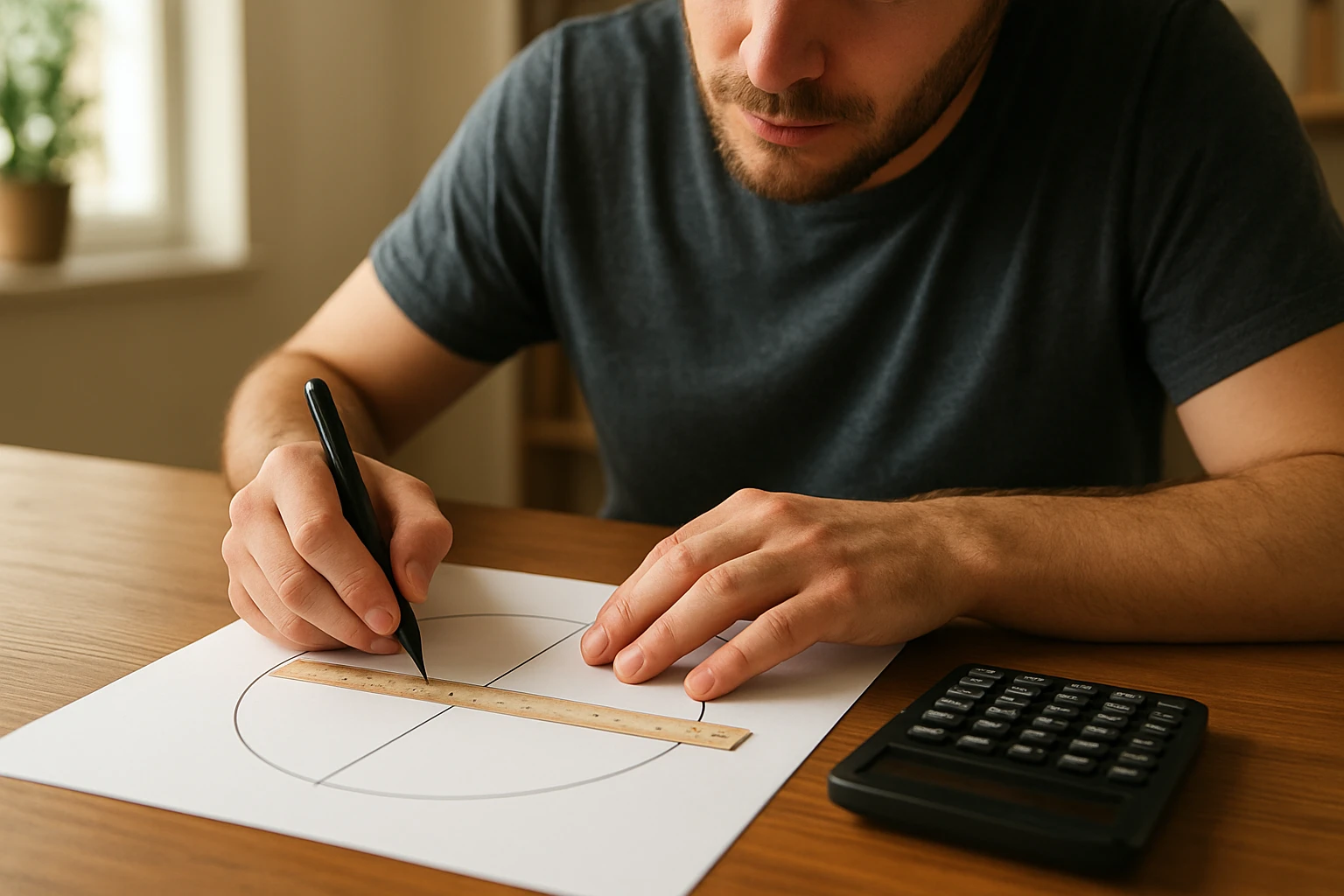 Egy férfi kördiagramot rajzol egy papírra vonalzó és toll segítségével.