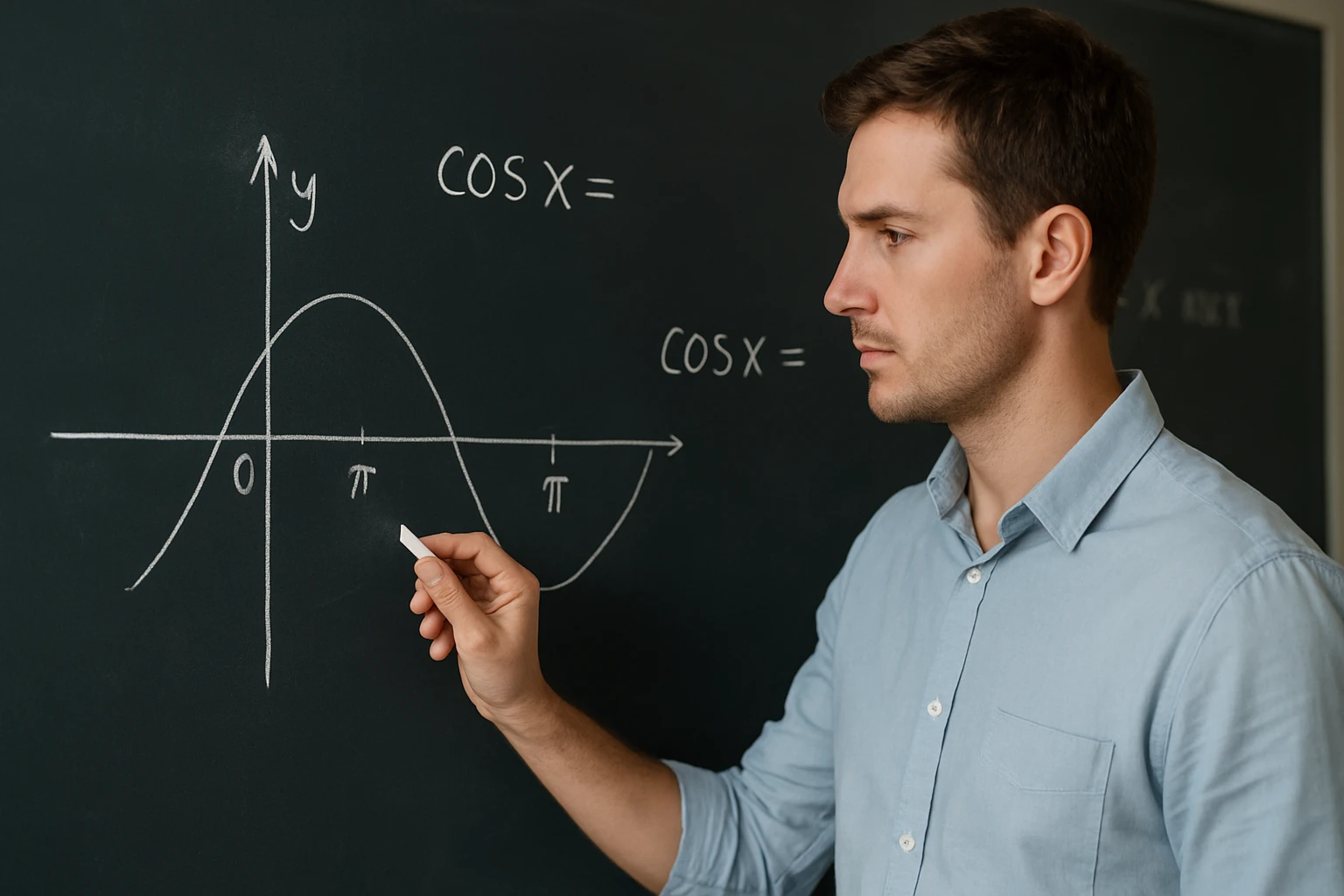 Egy férfi a táblán a koszinusz függvény grafikonját rajzolja.