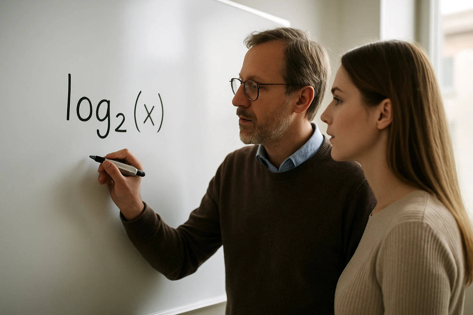 Egy férfi logaritmus kifejezést ír a táblára, miközben egy nő figyeli.