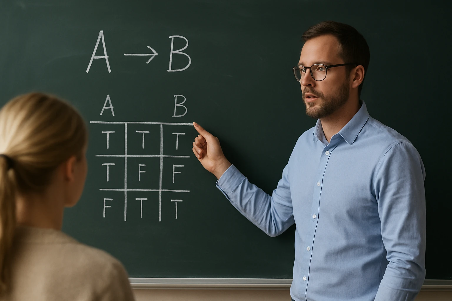 Egy tanár logikai táblázatot magyaráz a diákjának egy táblán.