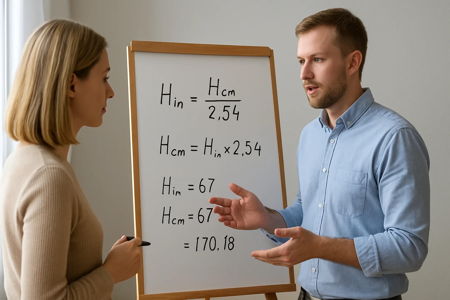 Két ember egy táblánál, ahol magasságok átváltását számolják.