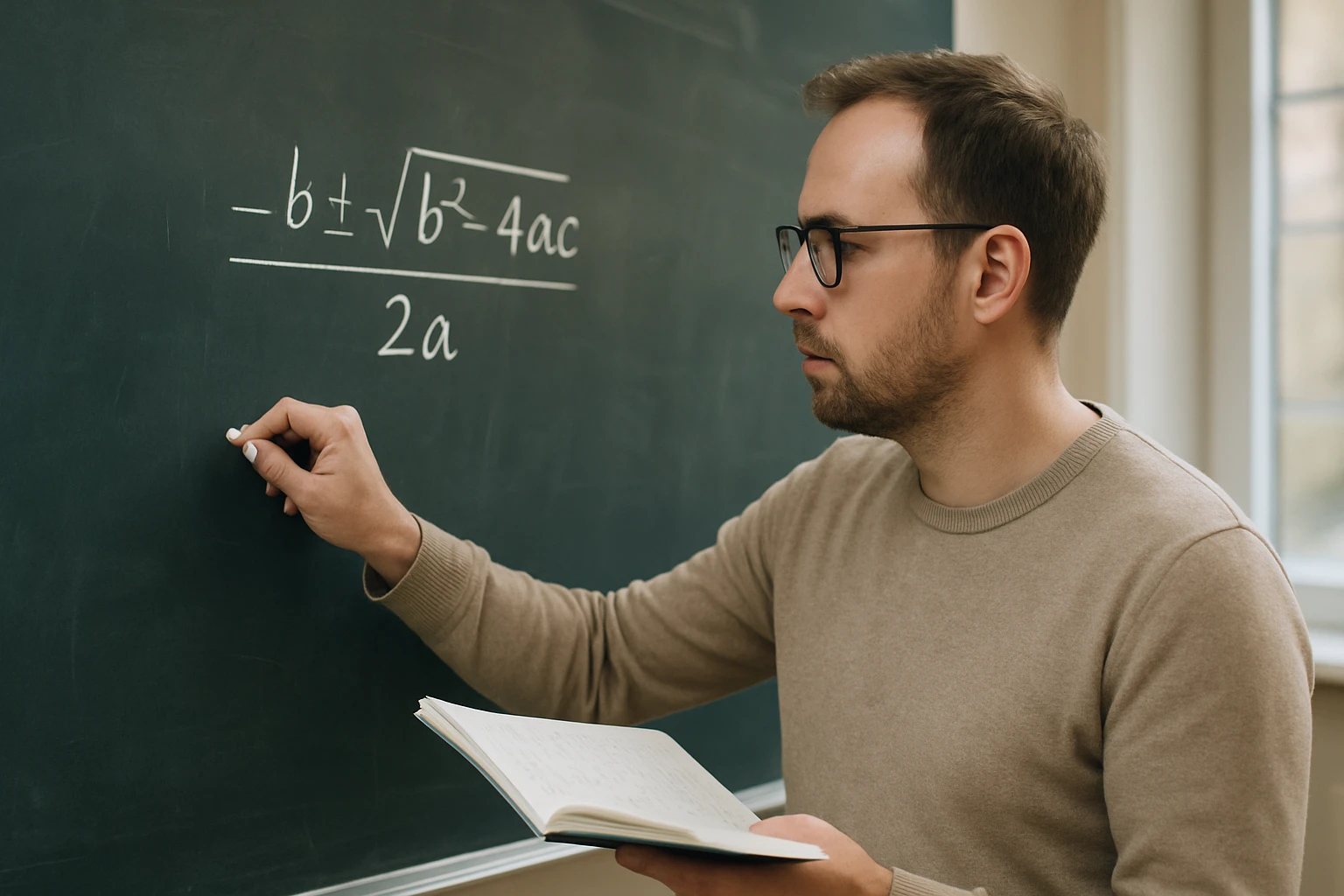 Egy férfi a táblán a másodfokú egyenlet megoldóképletét írja.